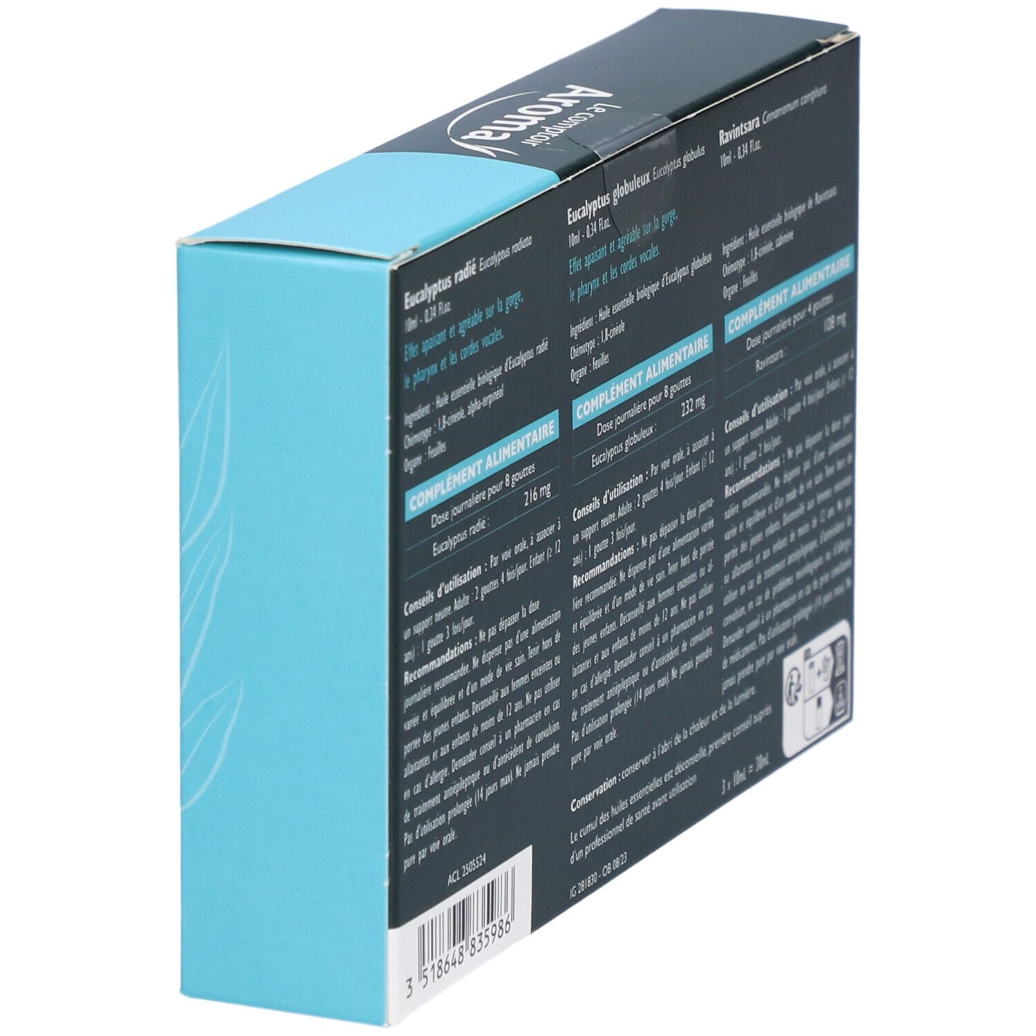 Schrägansicht der Verpackung mit Produktinformationen. Text in französischer Sprache.