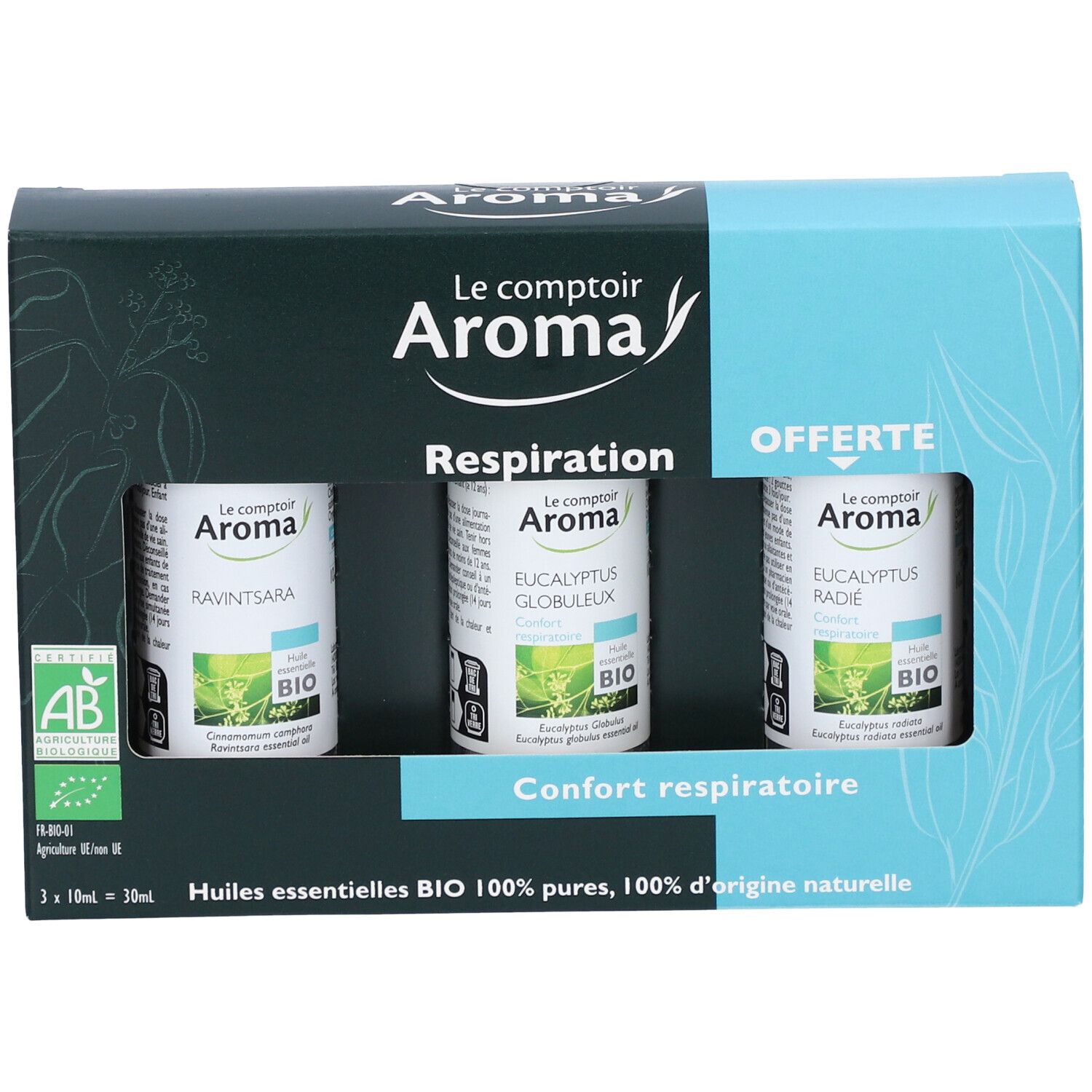 Verpackung mit drei ätherischen Ölen. Markenname, Produktname und Bio-Siegel sichtbar.