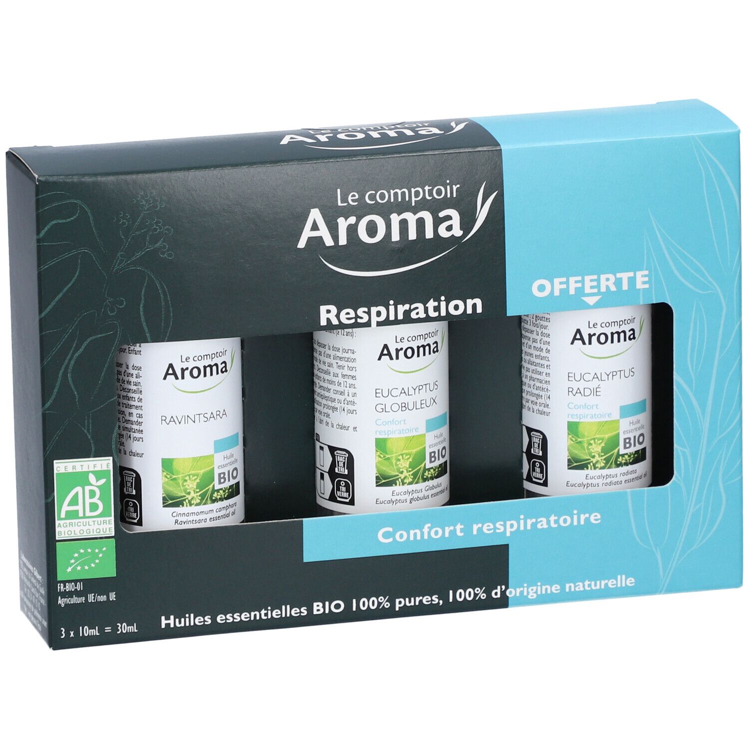Verpackung mit drei ätherischen Ölen. Markenname, Produktname und Bio-Siegel sichtbar.