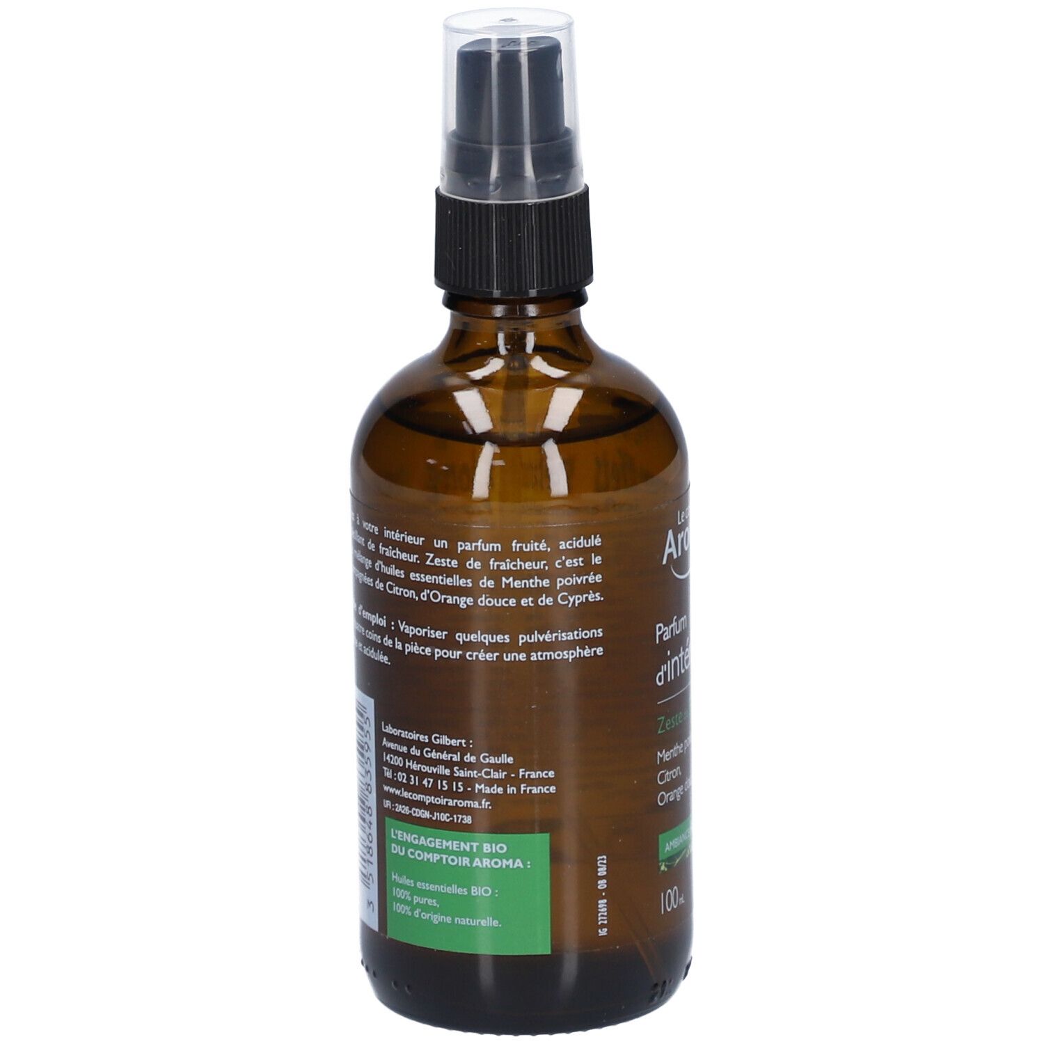 Flacon en verre brun avec vaporisateur. Dos avec texte et certification Bio. Informations du fabricant.