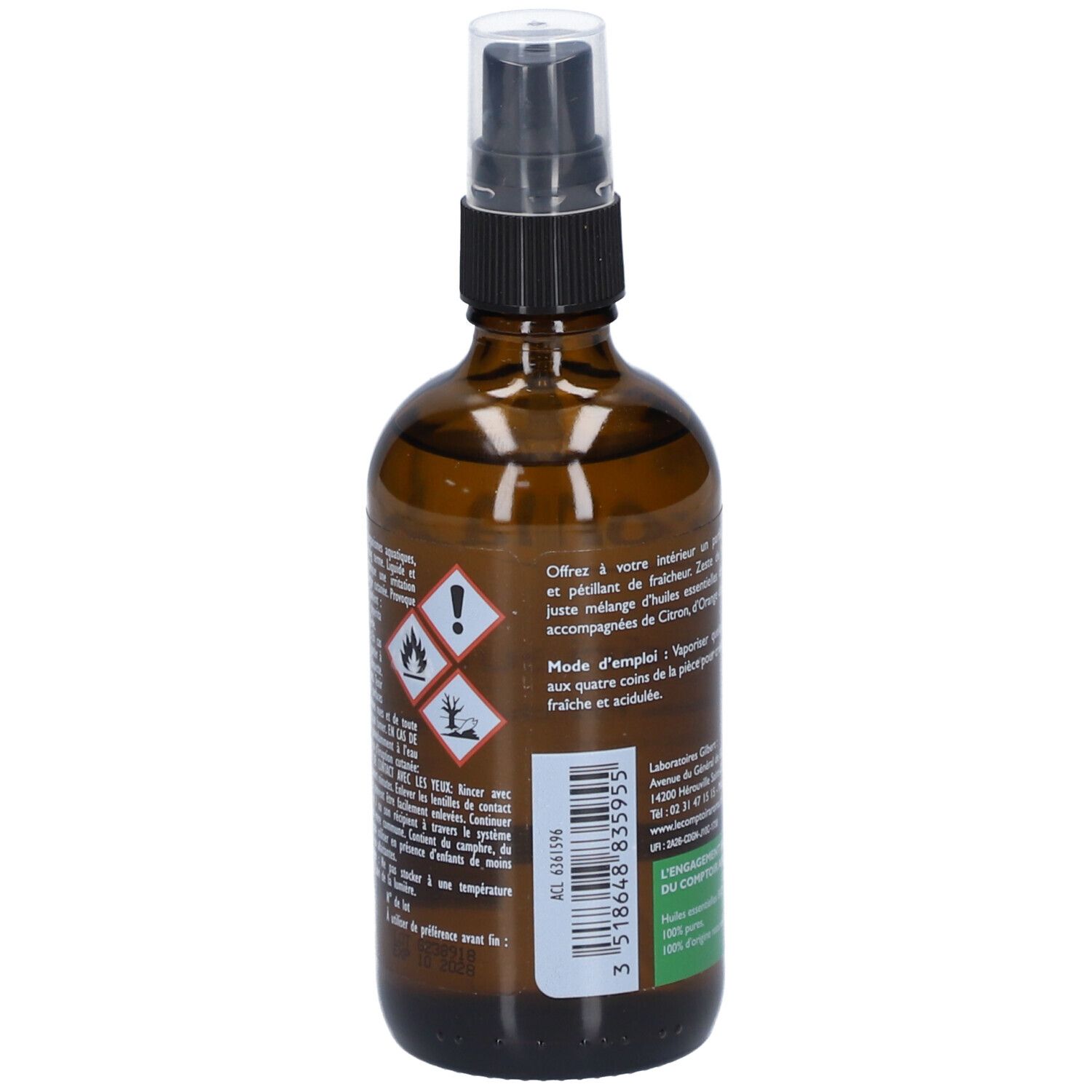 Flacon en verre brun avec vaporisateur. Dos avec symboles de danger et texte. Informations du fabricant.