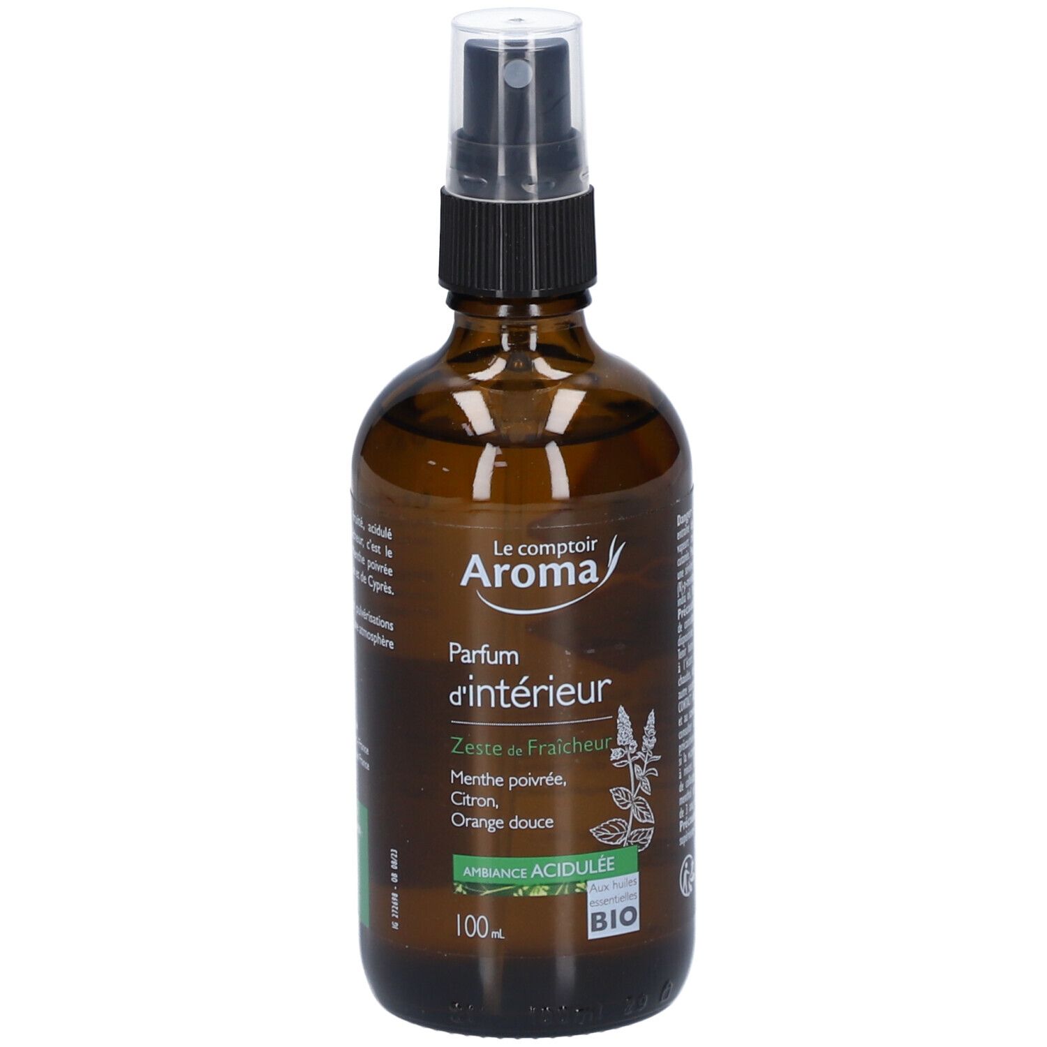 Flacon en verre brun avec vaporisateur. Inscription: Parfum d'intérieur, Zeste de Fraîcheur. Certification Bio.