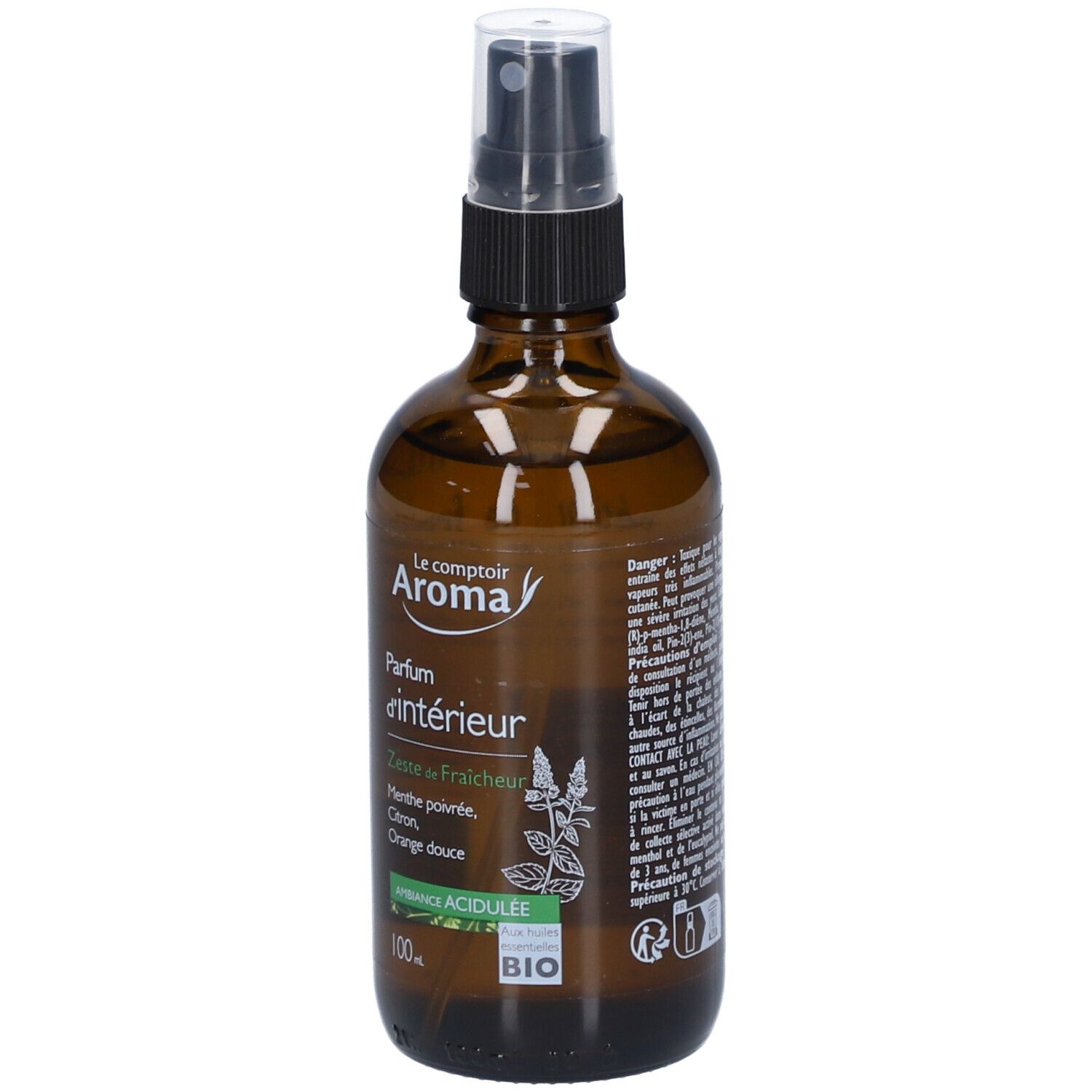 Flacon en verre brun avec vaporisateur. Inscription: Parfum d'intérieur, Zeste de Fraîcheur. Certification Bio.