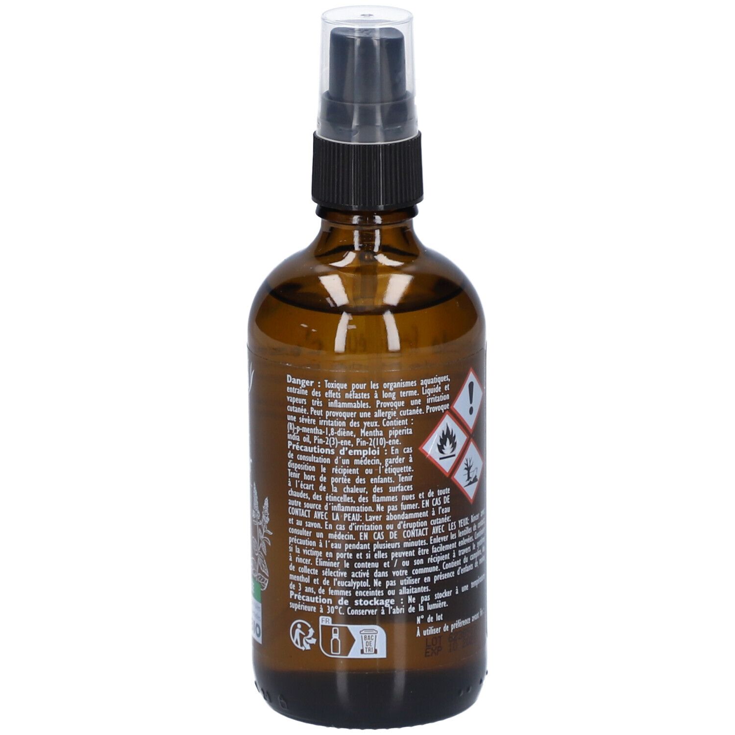 Flacon en verre brun avec vaporisateur. Dos avec symboles de danger et texte. Informations du fabricant.