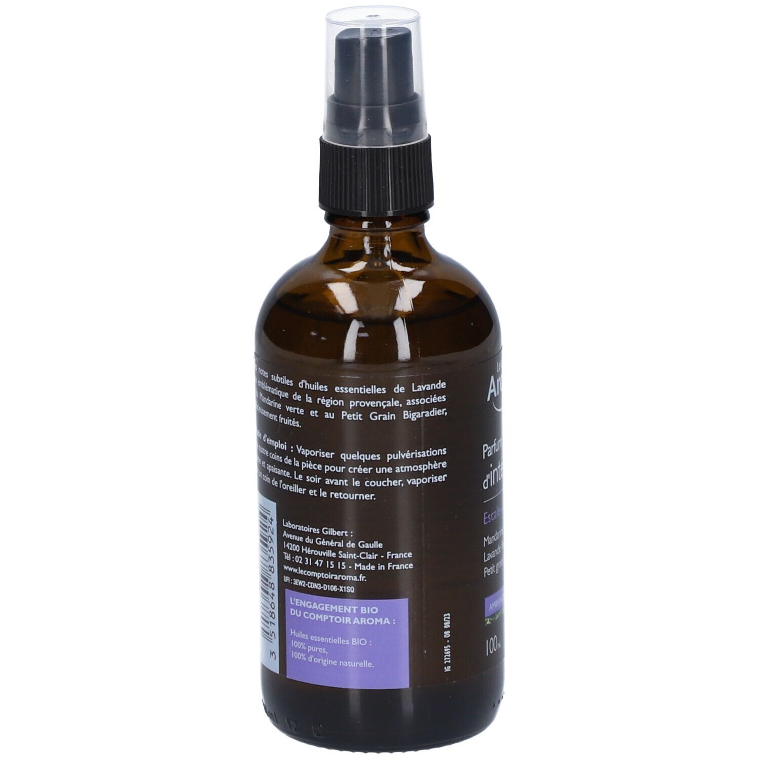 Braune Glasflasche mit Zerstäuber. Rückseite mit Text und Bio-Siegel. Enthält ätherische Öle von Lavendel, Mandarine, Petit Grain.