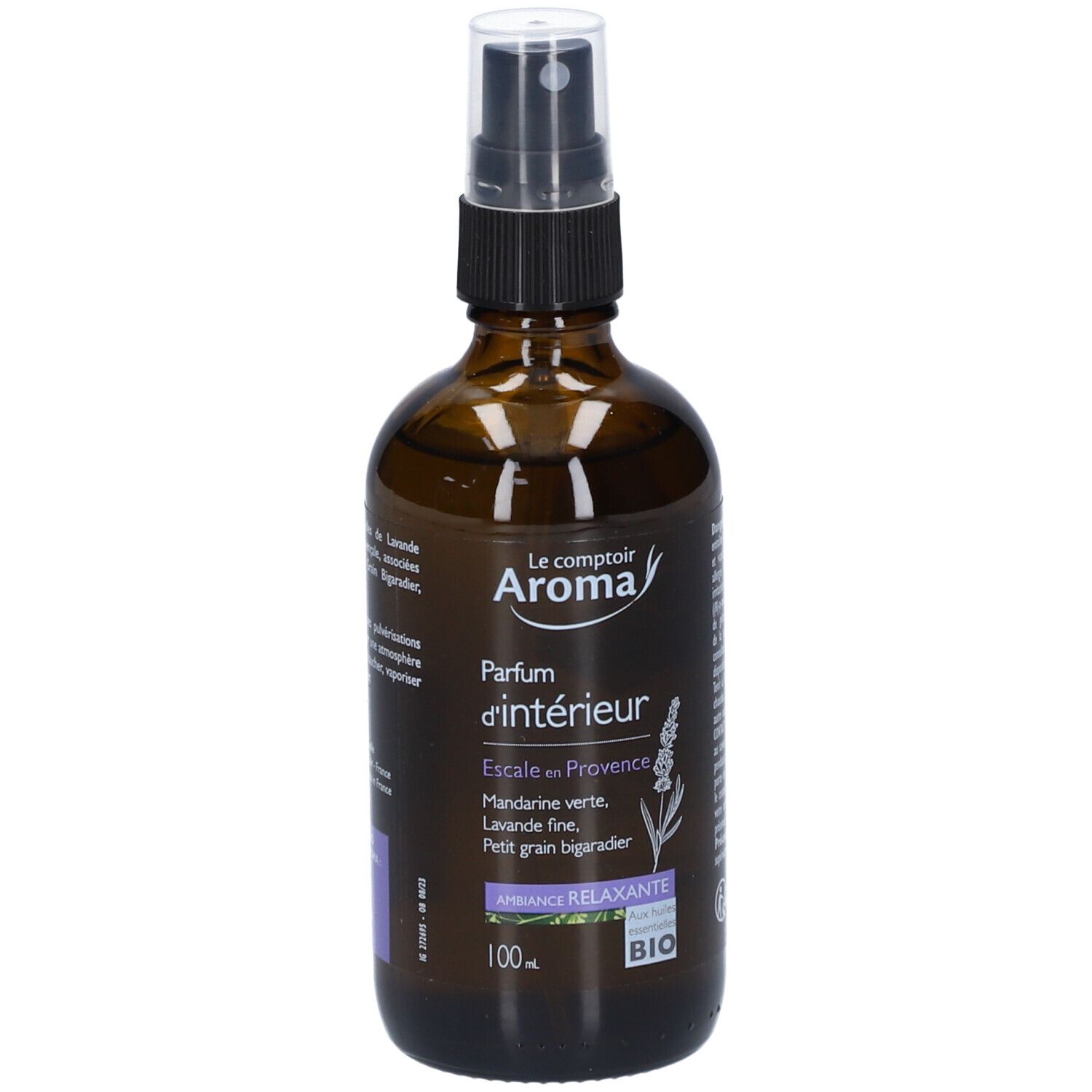 Braune Glasflasche mit Zerstäuber. Aufschrift: Le comptoir Aroma, Parfum d'intérieur, Escale en Provence. Mit Bio-Siegel.