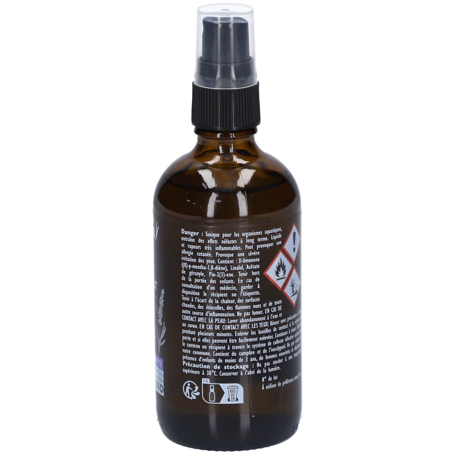 Braune Glasflasche mit Zerstäuber. Rückseite mit Warnhinweisen und Text. Enthält ätherische Öle. Mit Bio-Siegel.