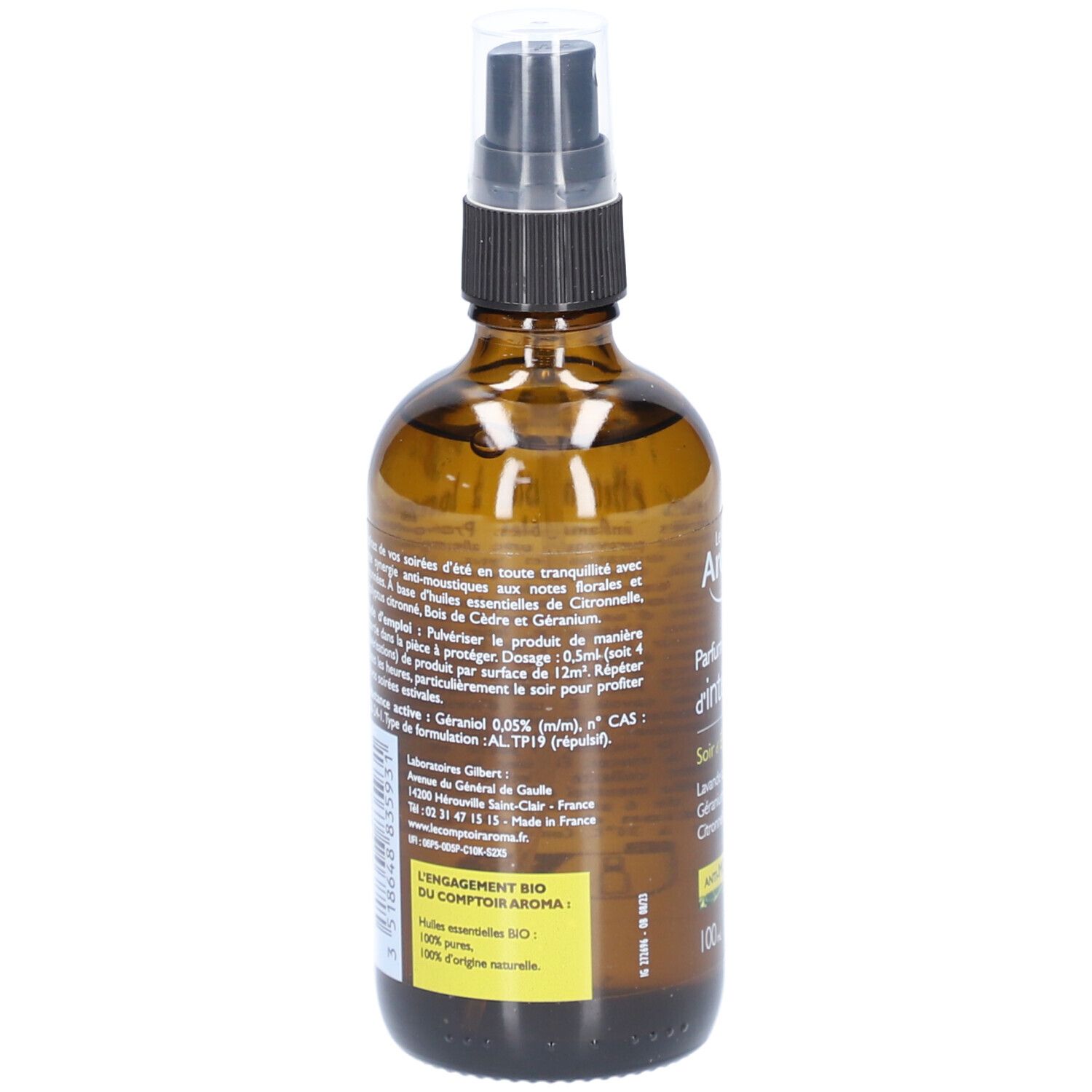 Braune Glasflasche mit Sprühkopf. Rückseite mit Text und Inhaltsstoffen. Bio-Zertifizierung.