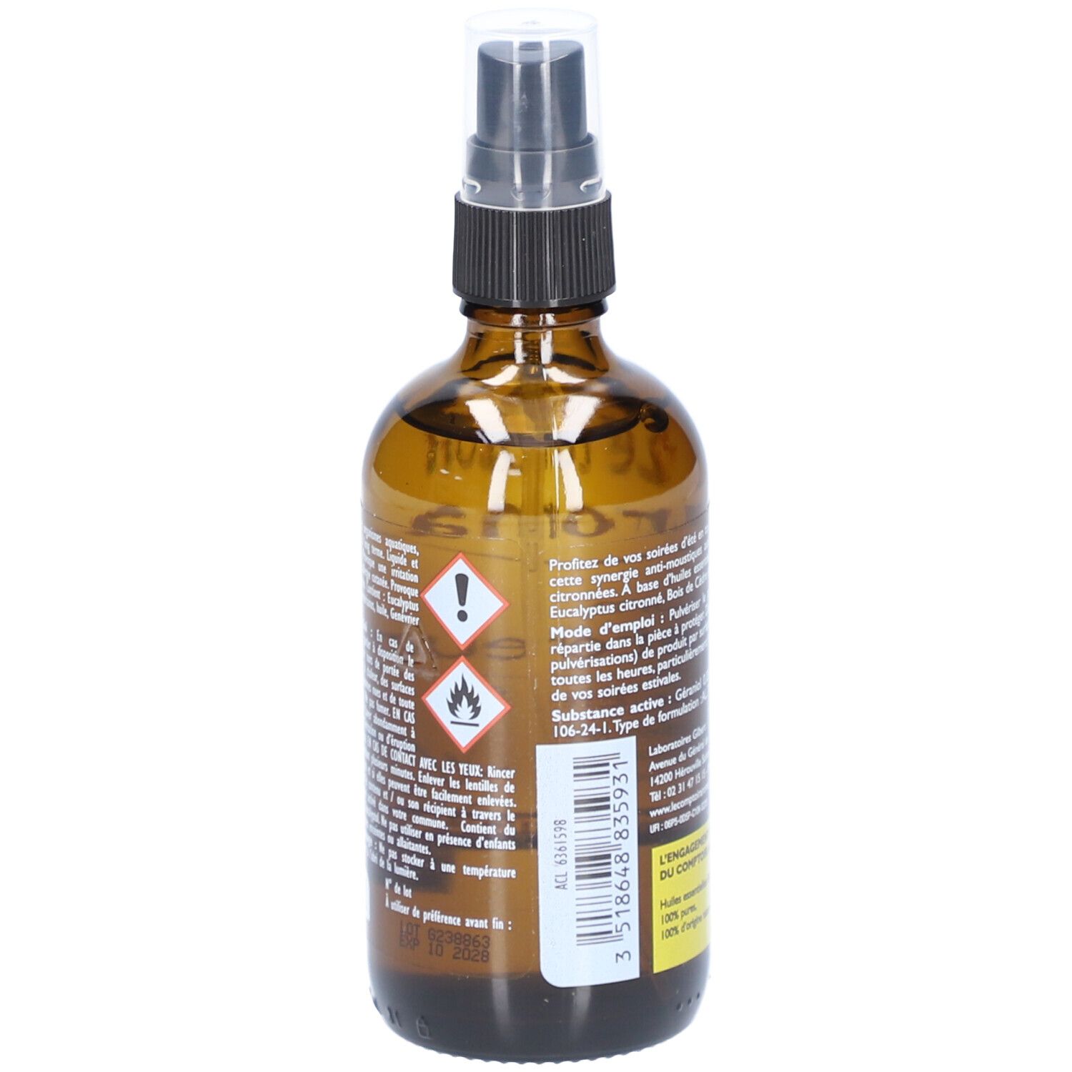 Braune Glasflasche mit Sprühkopf. Rückseite mit Text, Gefahrensymbolen und Inhaltsstoffen.