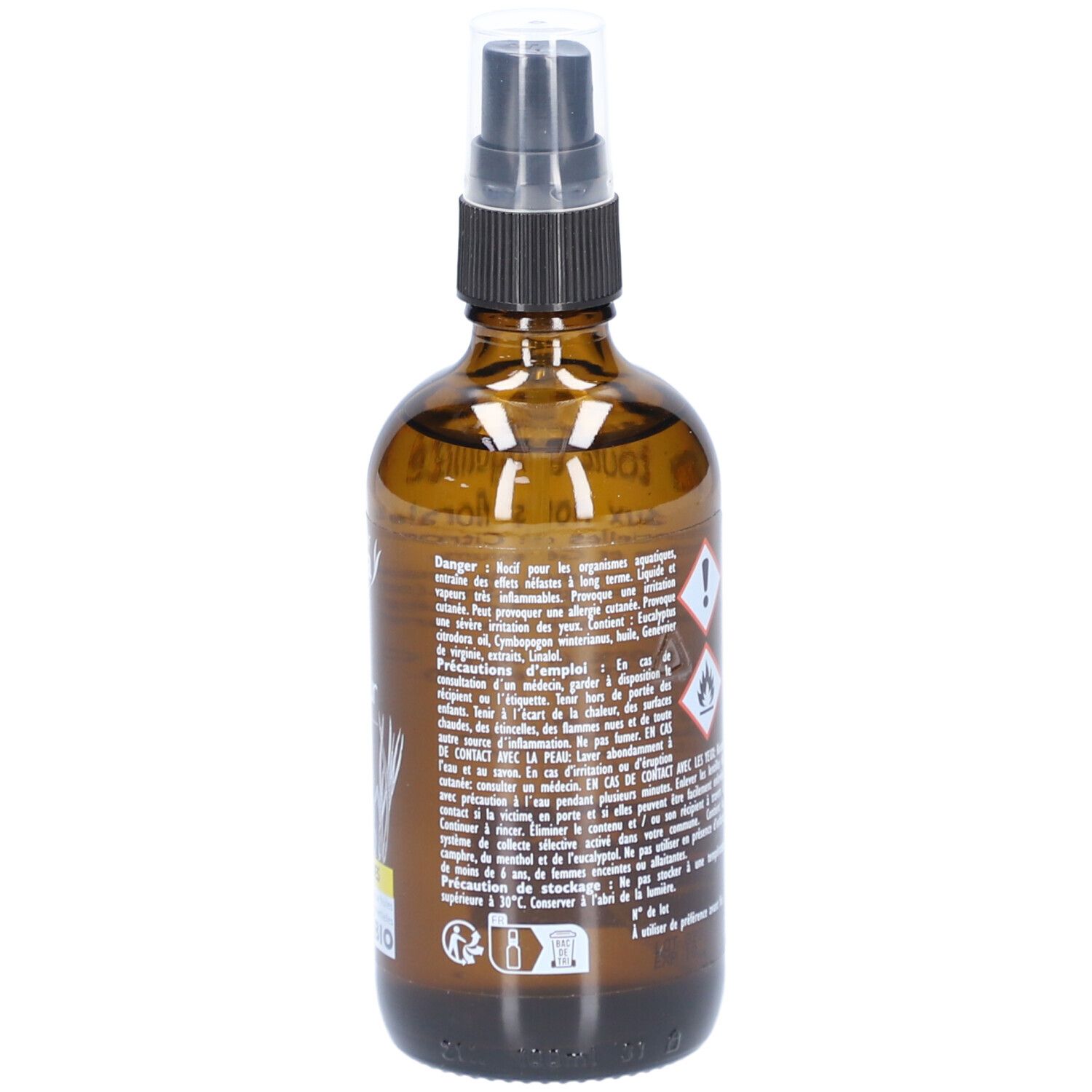 Braune Glasflasche mit Sprühkopf. Rückseite mit Text, Gefahrensymbolen und Inhaltsstoffen.