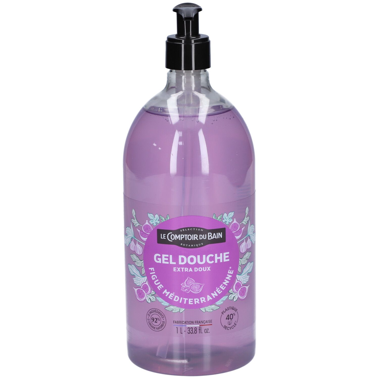 Flacon de gel douche violet avec pompe noire. Inscription: Gel Douche, Figuier Méditerranéenne. Contenance 1L.