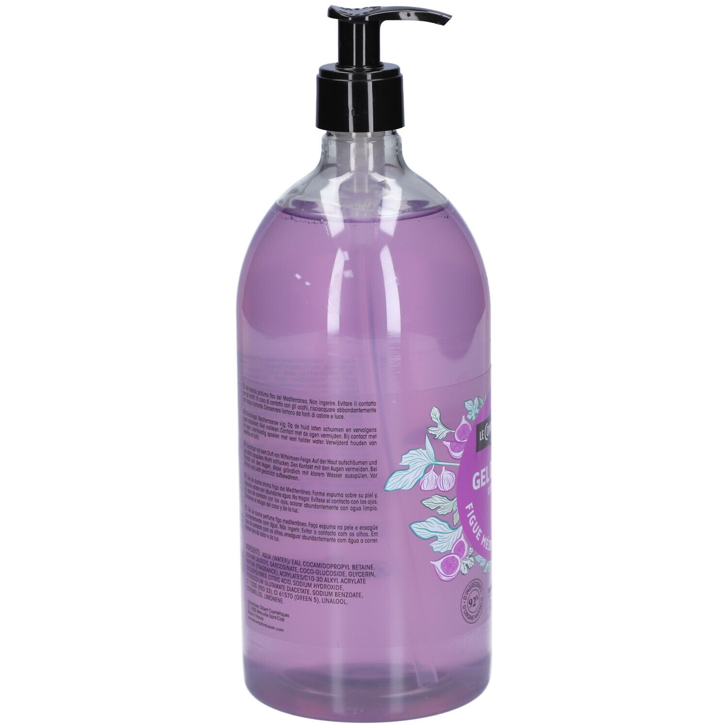 Flacon de gel douche violet avec pompe noire. Dos avec texte. Inscription: Gel Douche, Figuier Méditerranéenne.