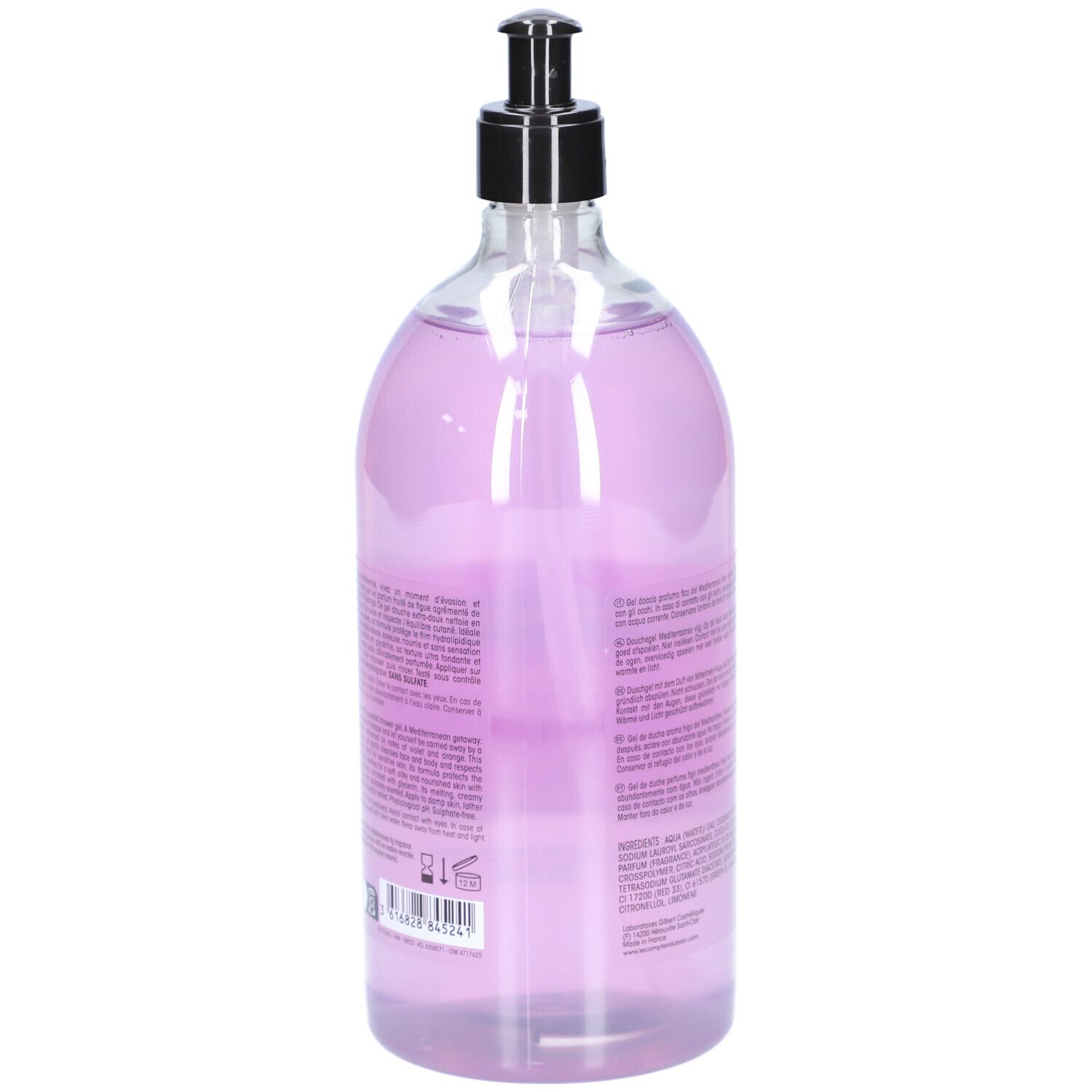 Flacon de gel douche violet avec pompe noire. Dos avec texte. Inscription: Gel Douche, Figuier Méditerranéenne.