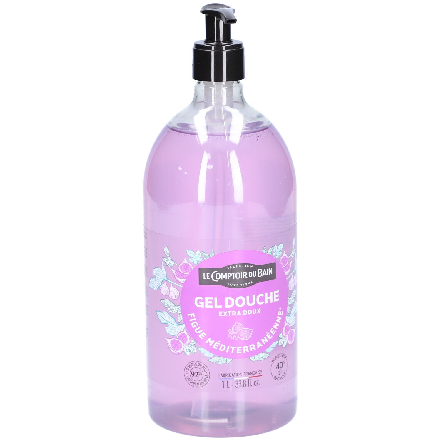 Flacon de gel douche violet avec pompe noire. Inscription: Gel Douche, Figuier Méditerranéenne. Contenance 1L.