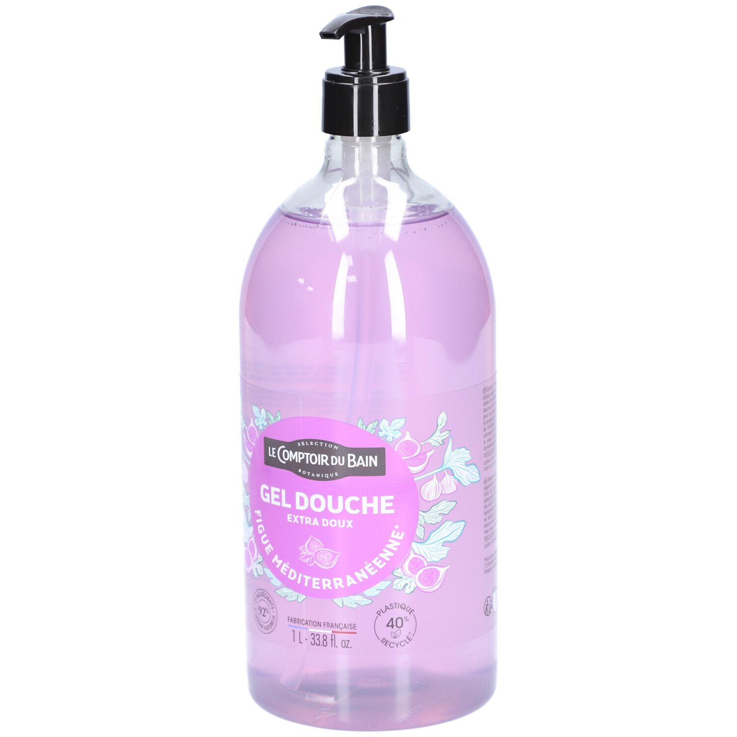 Flacon de gel douche violet avec pompe noire. Inscription: Gel Douche, Figuier Méditerranéenne. Contenance 1L.