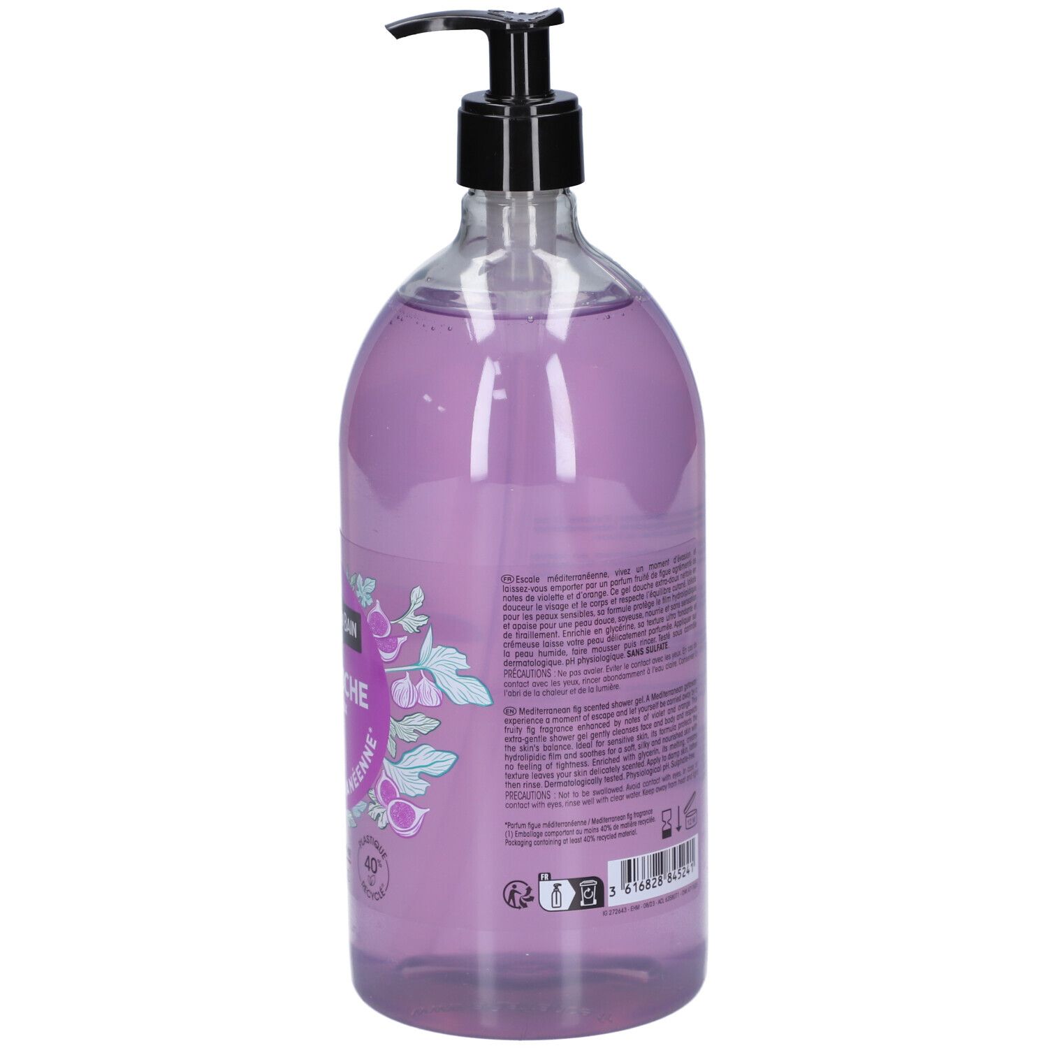 Flacon de gel douche violet avec pompe noire. Dos avec texte. Inscription: Gel Douche, Figuier Méditerranéenne.