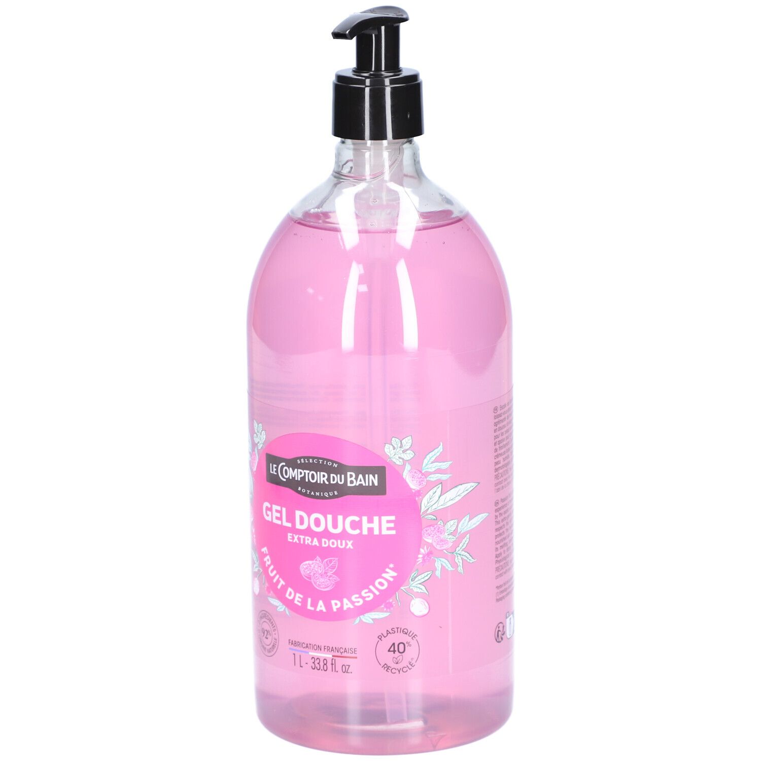 Flacon transparent avec liquide rose et pompe noire. Étiquette avec nom du produit et logo.
