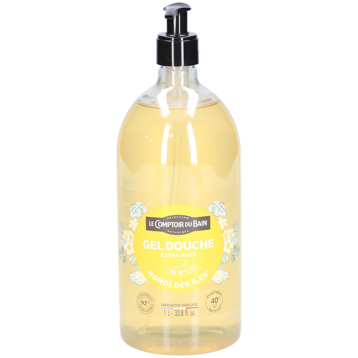 Flacon transparent de gel douche jaune. Bouchon pompe noir. Étiquette avec nom du produit et logo.