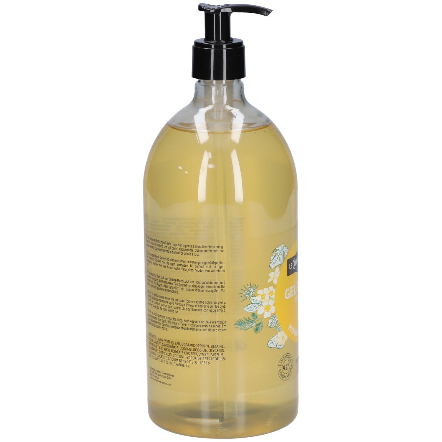 Vue arrière du flacon transparent de gel douche jaune. Bouchon pompe noir. Texte sur l'étiquette.