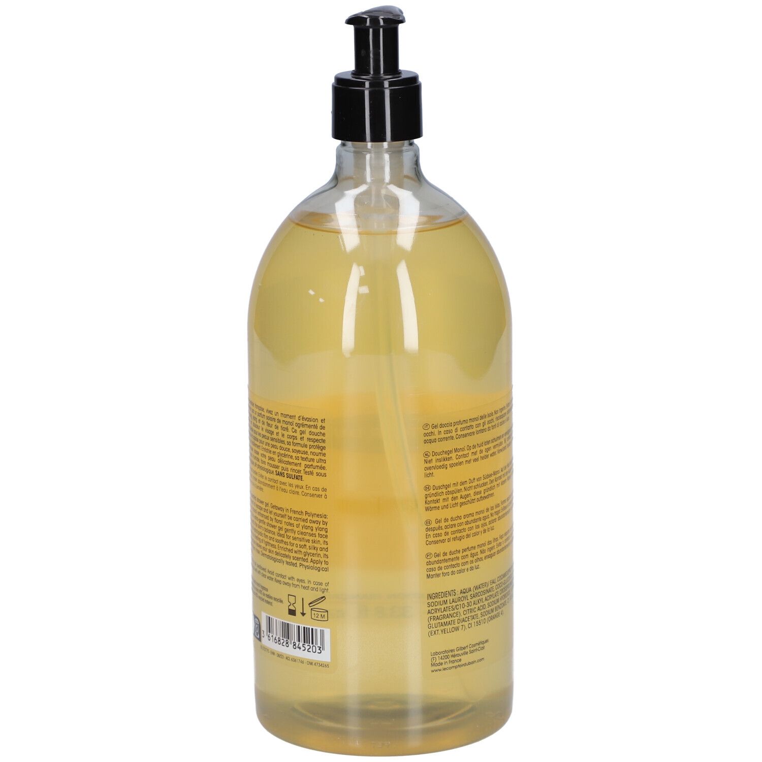 Vue arrière du flacon transparent de gel douche jaune. Bouchon pompe noir. Texte sur l'étiquette.