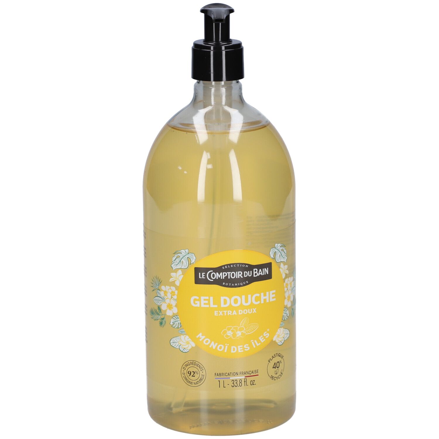 Flacon transparent de gel douche jaune. Bouchon pompe noir. Étiquette avec nom du produit et logo.