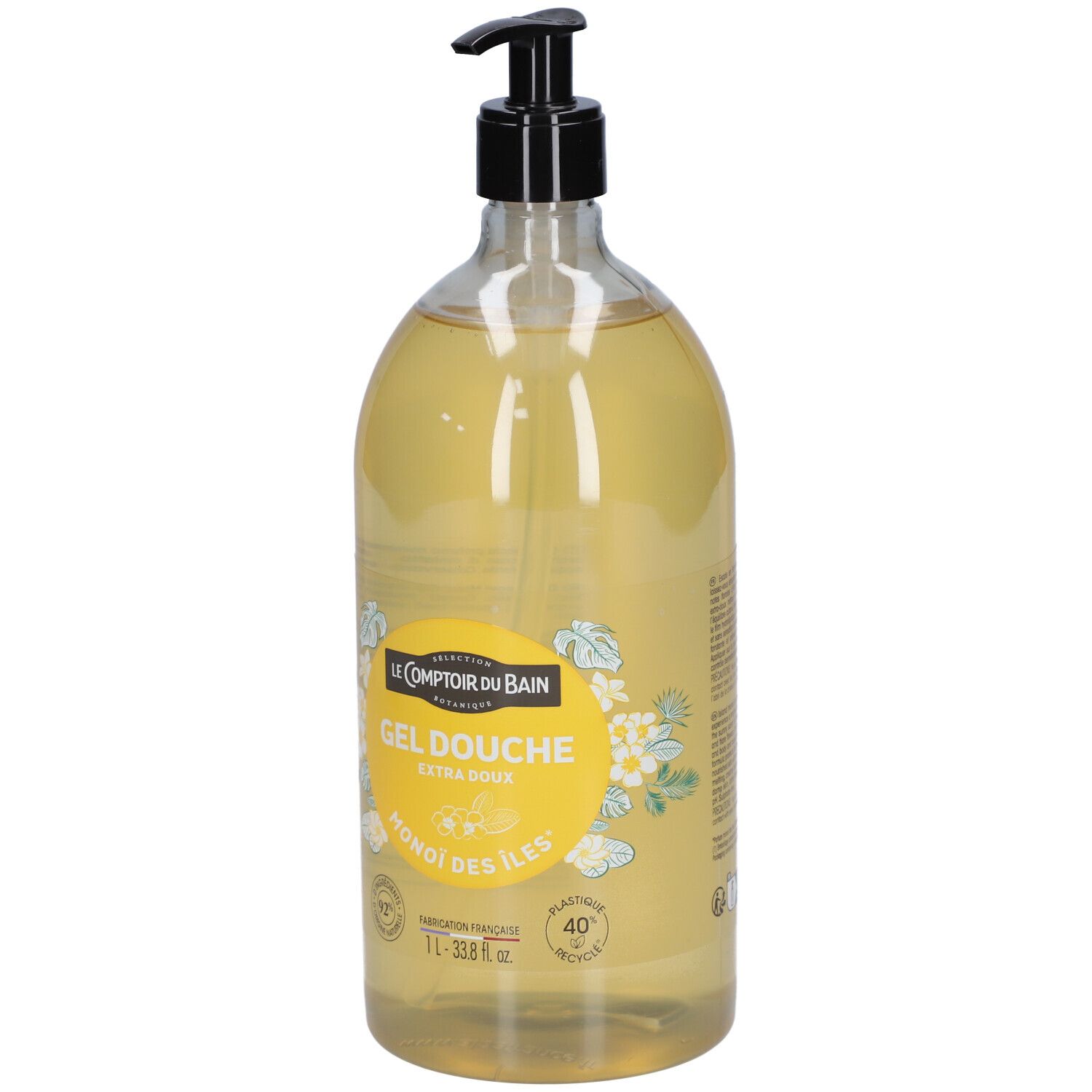 Flacon transparent de gel douche jaune. Bouchon pompe noir. Étiquette avec nom du produit et logo.
