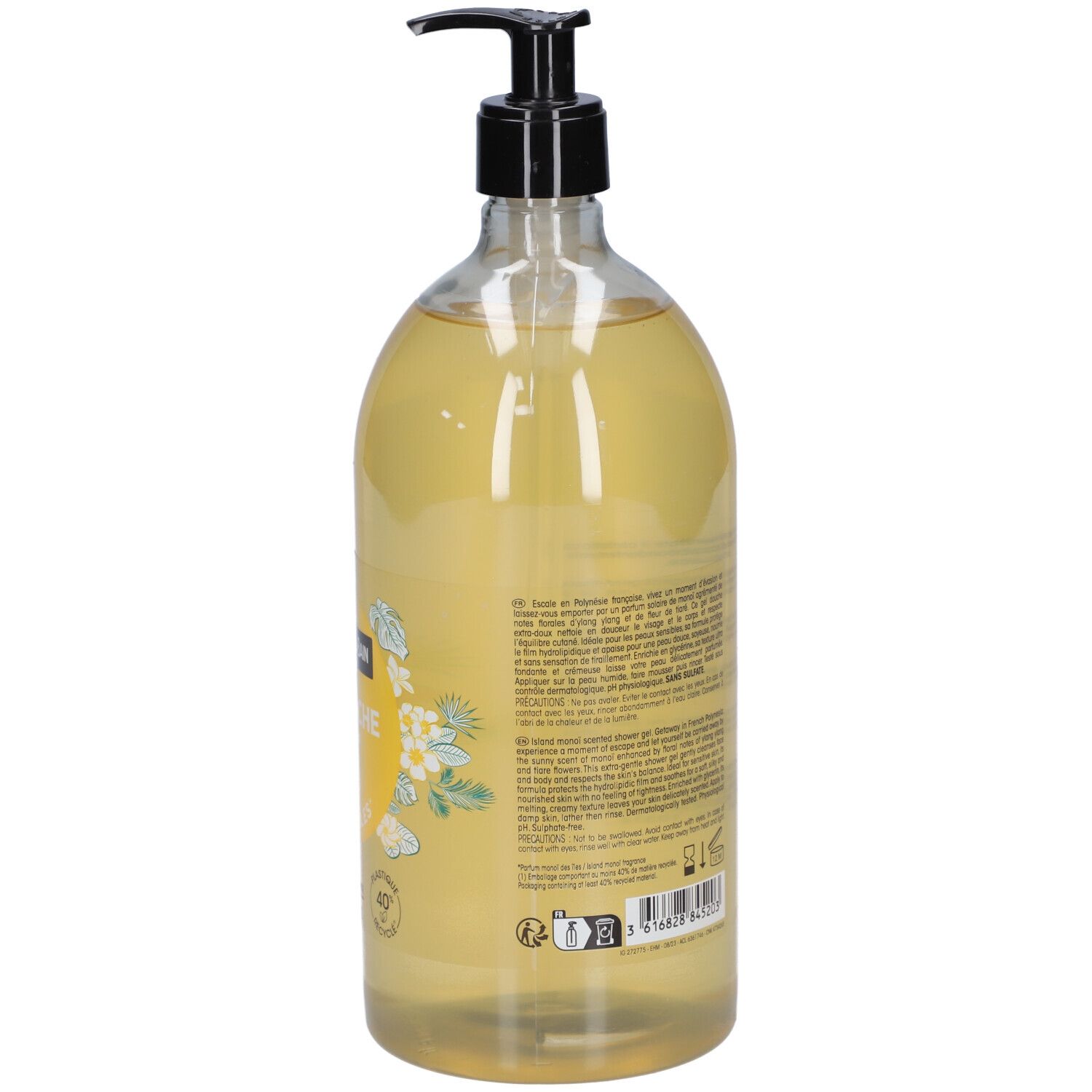 Vue arrière du flacon transparent de gel douche jaune. Bouchon pompe noir. Texte sur l'étiquette.