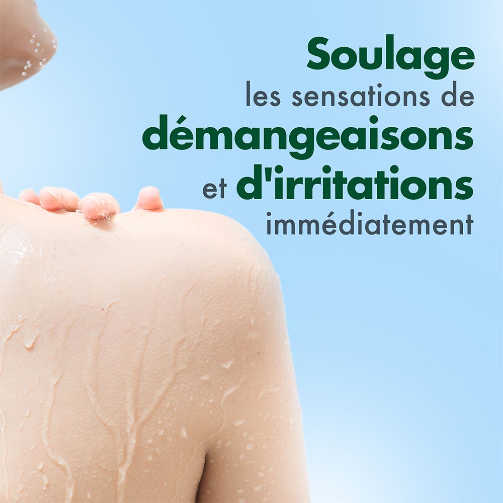 Personne avec peau. Texte: Soulage immédiatement les sensations de démangeaisons et d'irritations.