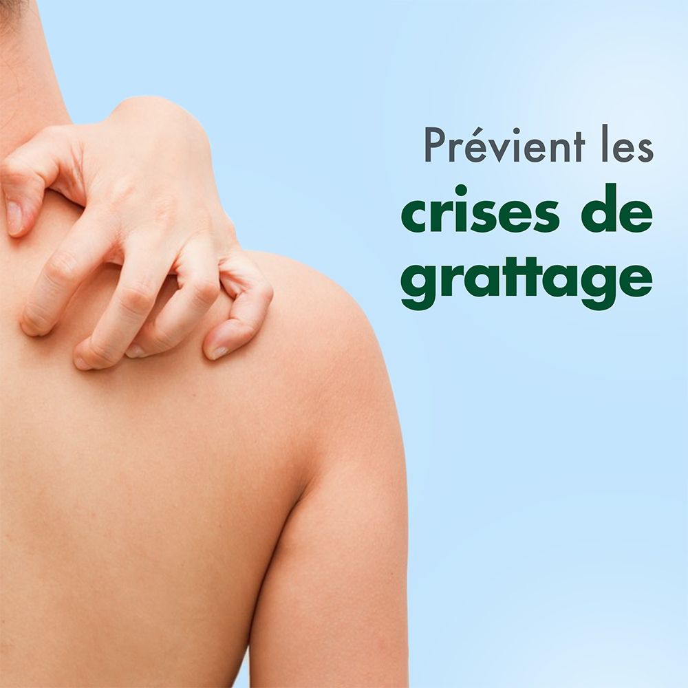 Personne se gratte le dos. Texte: Prévient les crises de grattage.