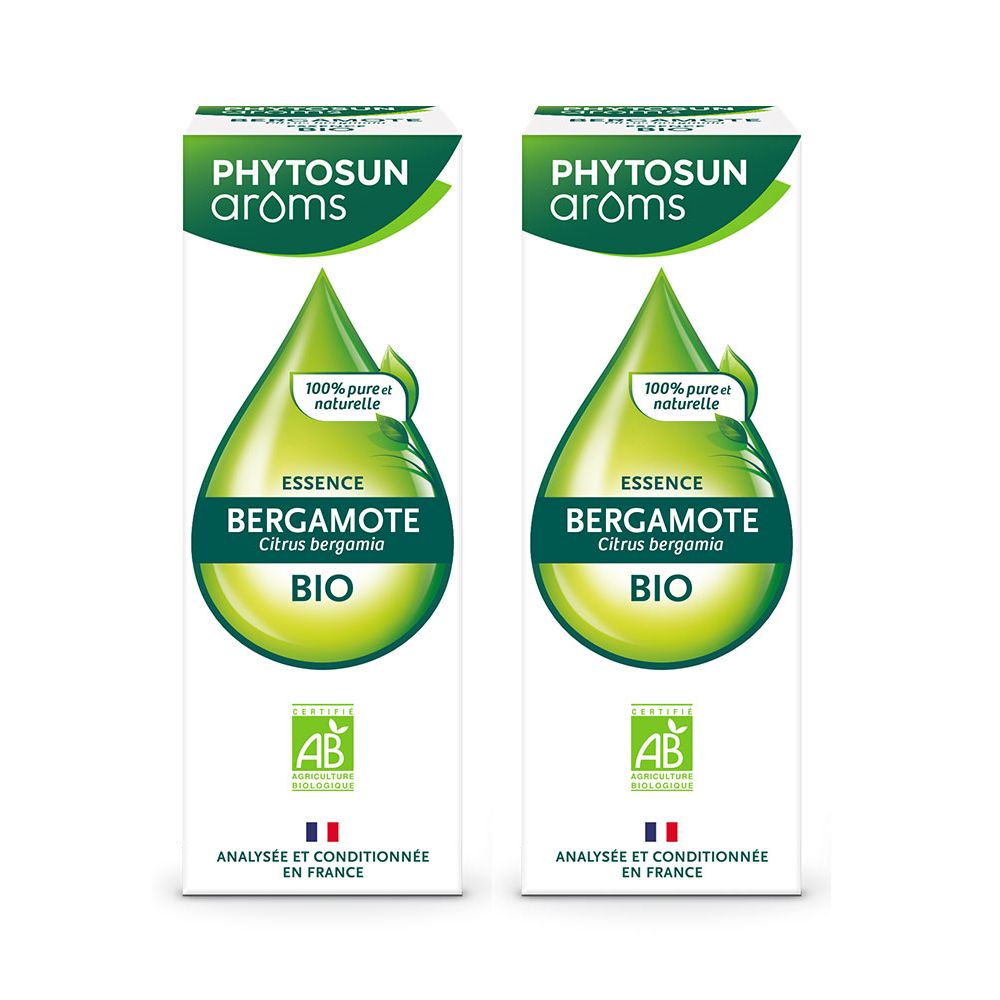 Deux boîtes identiques. Inscription: PHYTOSUN arôms, Essence Bergamote, BIO. Certification AB. Texte en français.