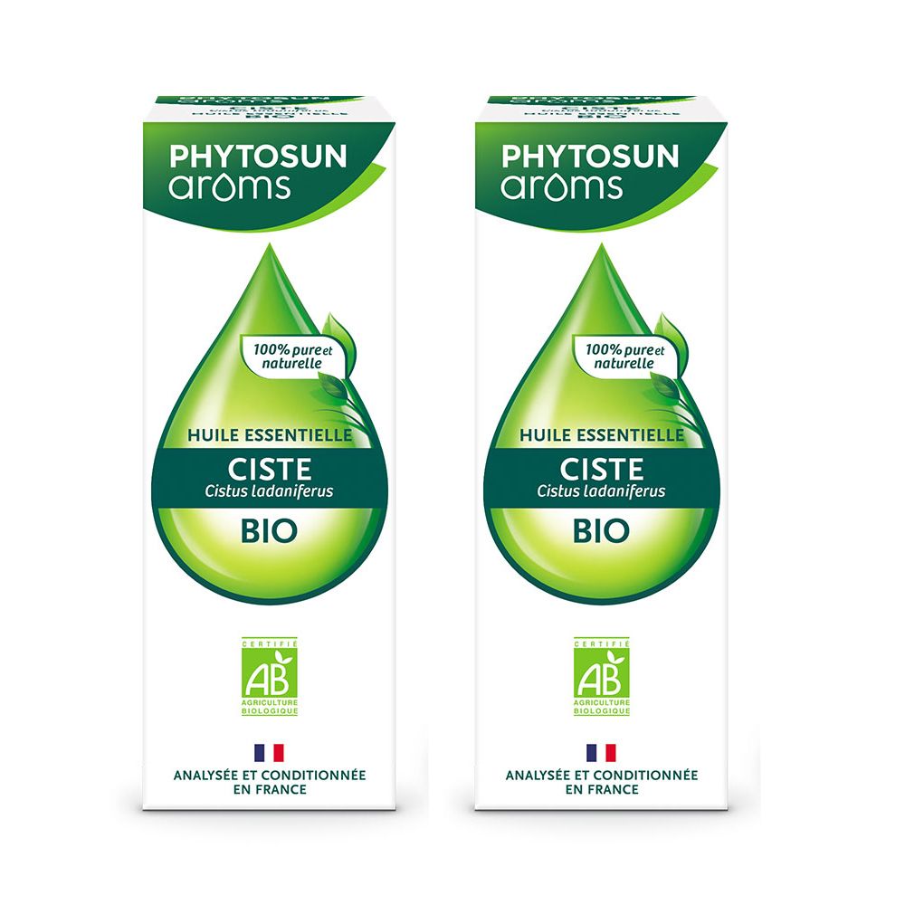 Deux boîtes blanches avec étiquettes vertes. Inscription: PHYTOSUN arôms, CISTE BIO, 100% pure naturelle. Label AB. Fabriqué en France.