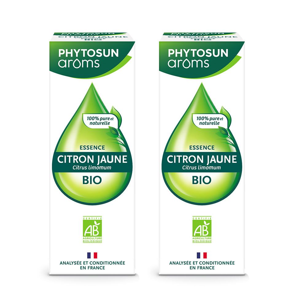 Zwei Kartons mit grünem Tropfendesign. Aufschrift: PHYTOSUN arôms, ESSENCE CITRON JAUNE BIO, AB-Siegel, 100% pure et naturelle.