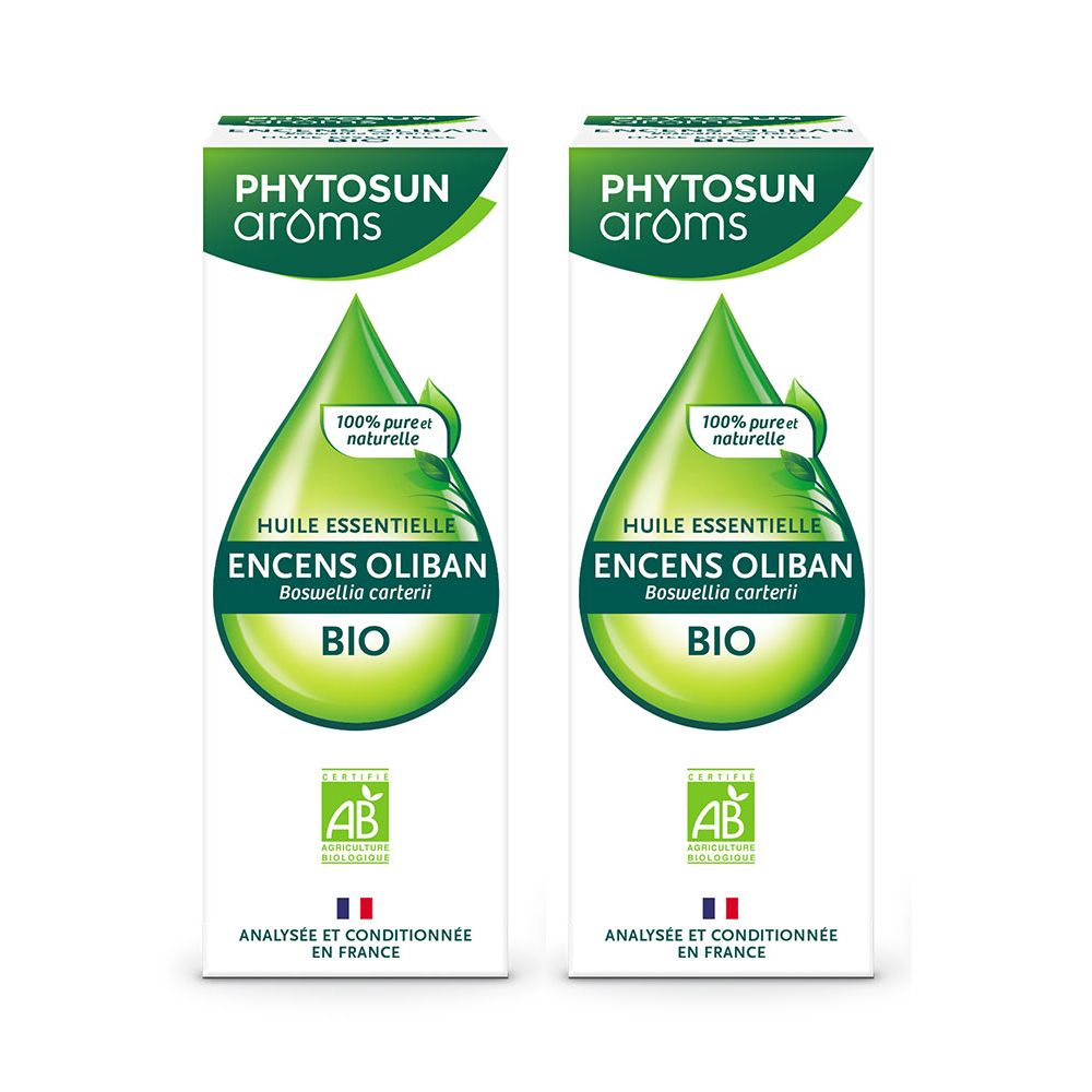 Deux flacons avec étiquettes vertes. Inscription: PHYTOSUN arôms, Encens Oliban BIO. Label AB.