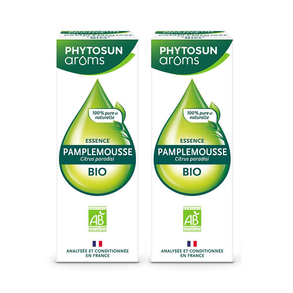 Zwei Kartons mit dem Logo PHYTOSUN arôms. Aufschrift: Pamplemousse BIO. Zertifizierung AB. Französische Analyse und Konditionierung.