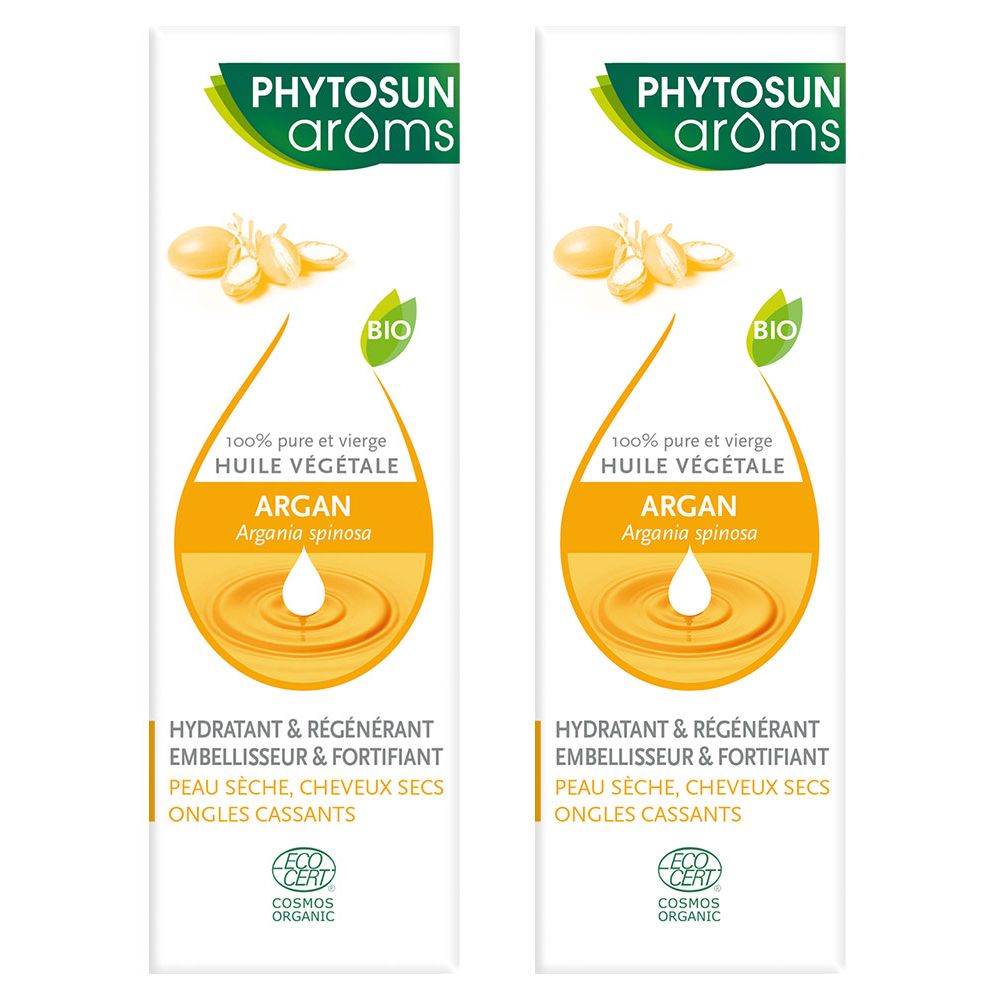 Zwei Flaschen mit weißem Etikett. Aufschrift: PHYTOSUN arôms, Arganöl, BIO. Text: Hydratant & Régénérant, Peau sèche, cheveux secs, ongles cassants. COSMOS ORGANIC.