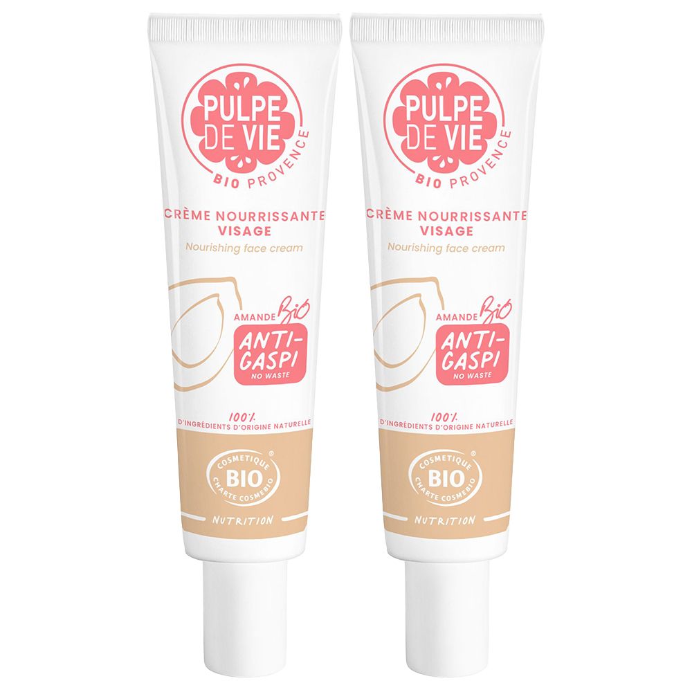 Deux tubes de crème. Inscription: PULPE DE VIE, Crème nourrissante visage, Bio. Avec logo amande et Anti-Gaspi.