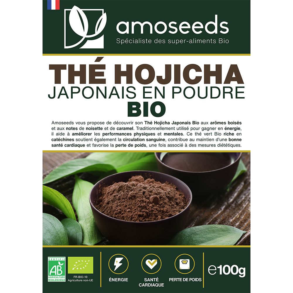 Braune Papiertüte mit Aufdruck. Enthält Bio-Hojicha-Tee-Pulver. Label mit Logo, Text und Zertifizierungen. e100g.