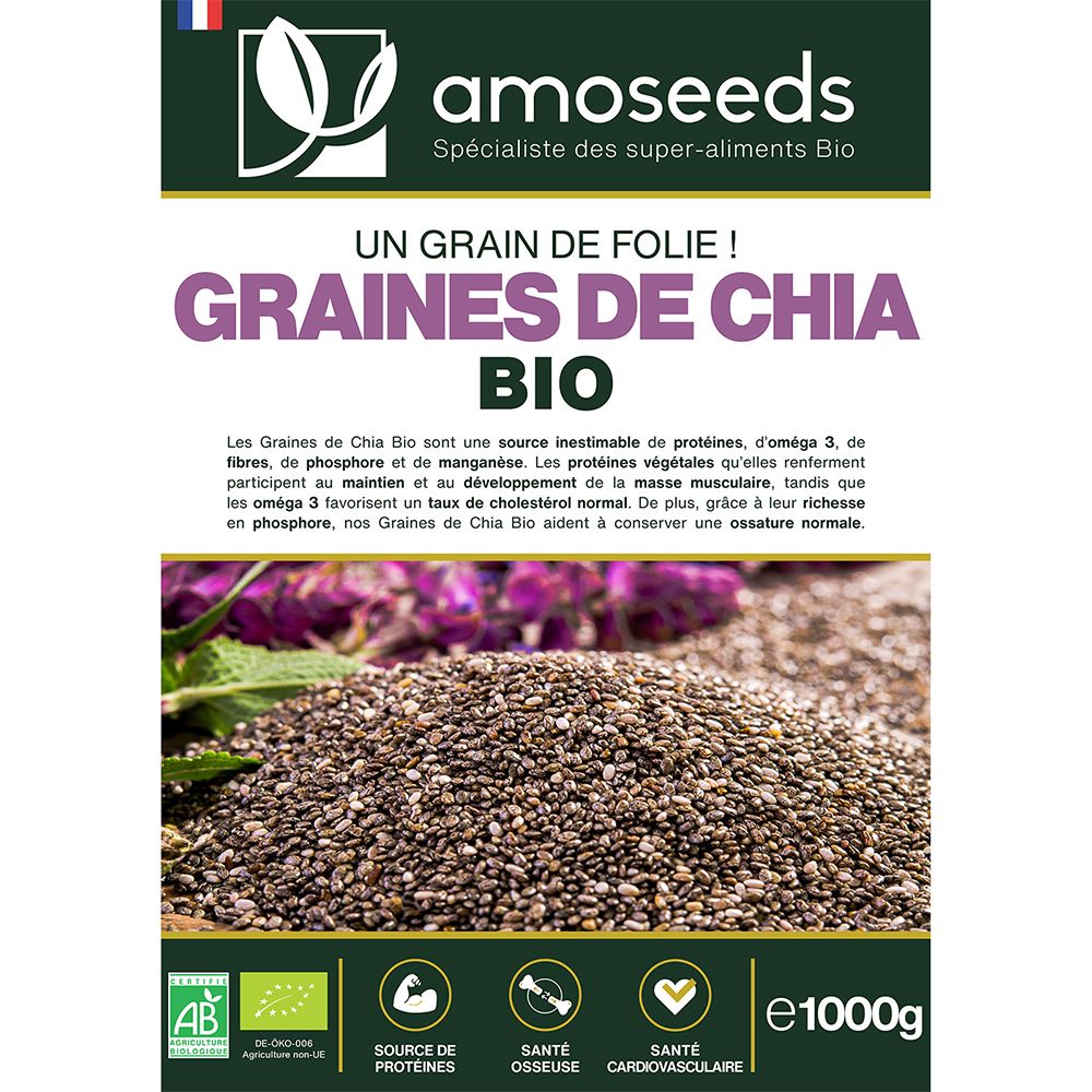 Face avant du paquet de GRAINES DE CHIA BIO amoseeds. Nom du produit, logo, certification bio et graines.