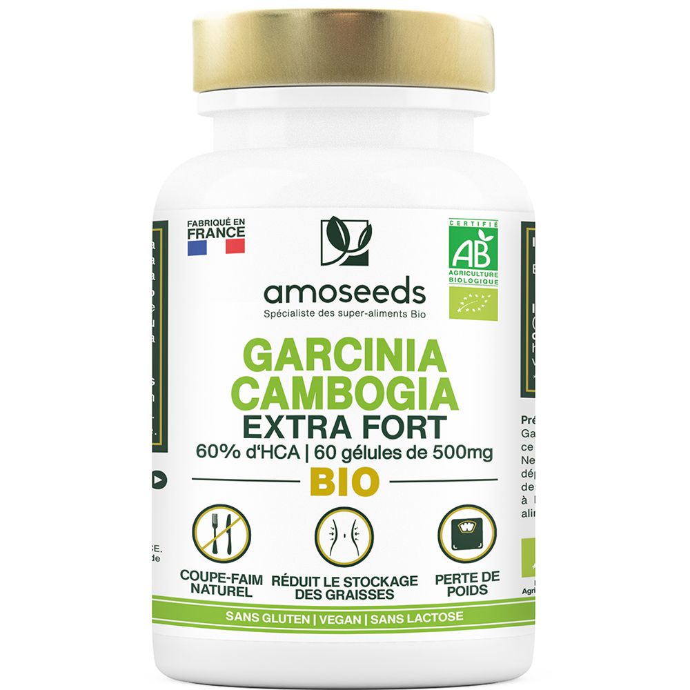Weiße Flasche mit goldfarbenem Deckel. Aufschrift: Garcinia Cambogia Extra Fort Bio. Französische und EU-Bio-Siegel.
