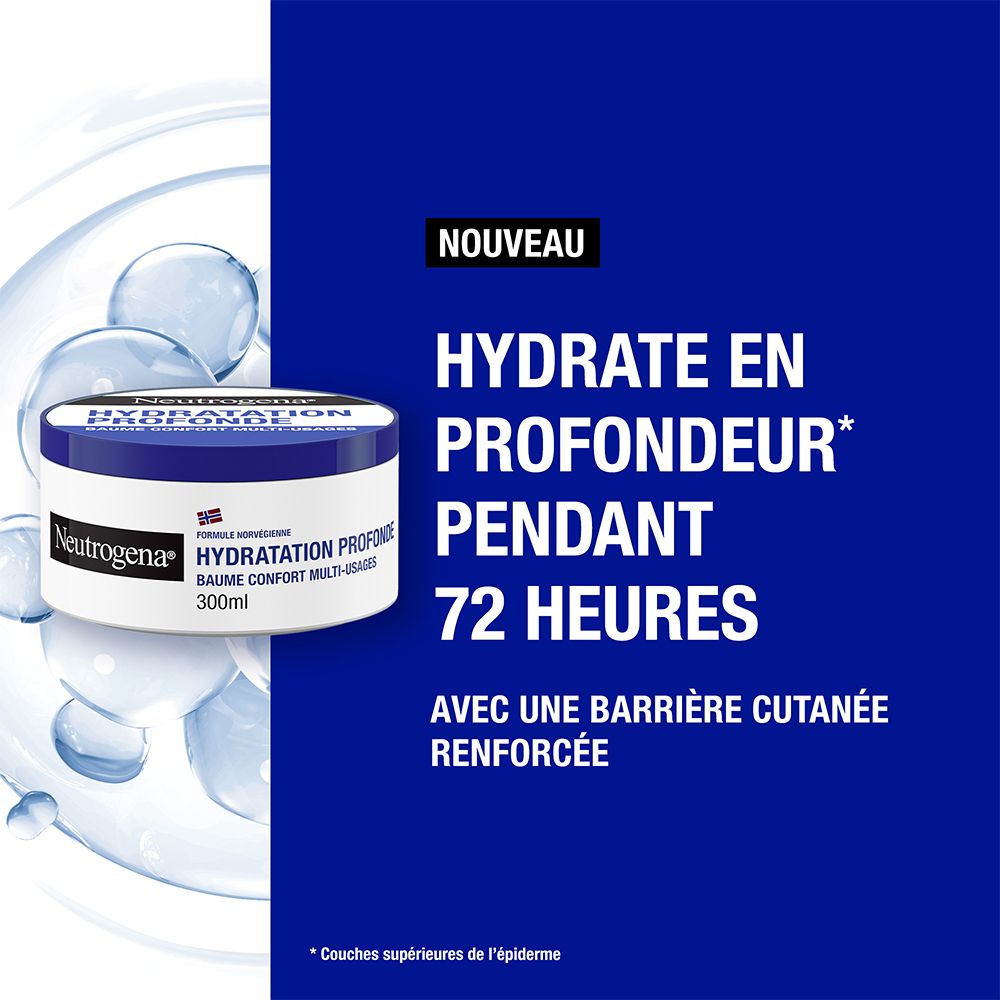 Neutrogena® Baume Confort Multi-Usages. Produit sur fond bleu. Texte: Hydratation Profonde.
