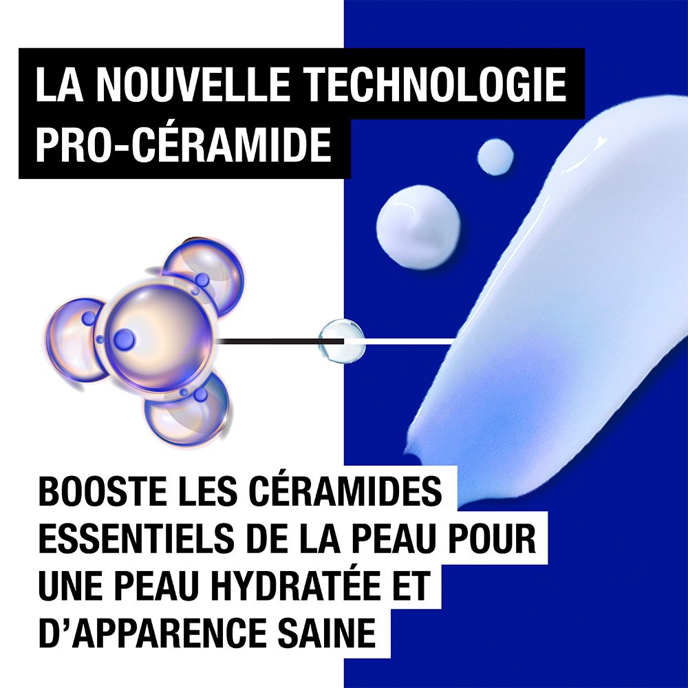 Graphique bleu et blanc. Texte: La nouvelle technologie Pro-Céramide. Liquide bleu.