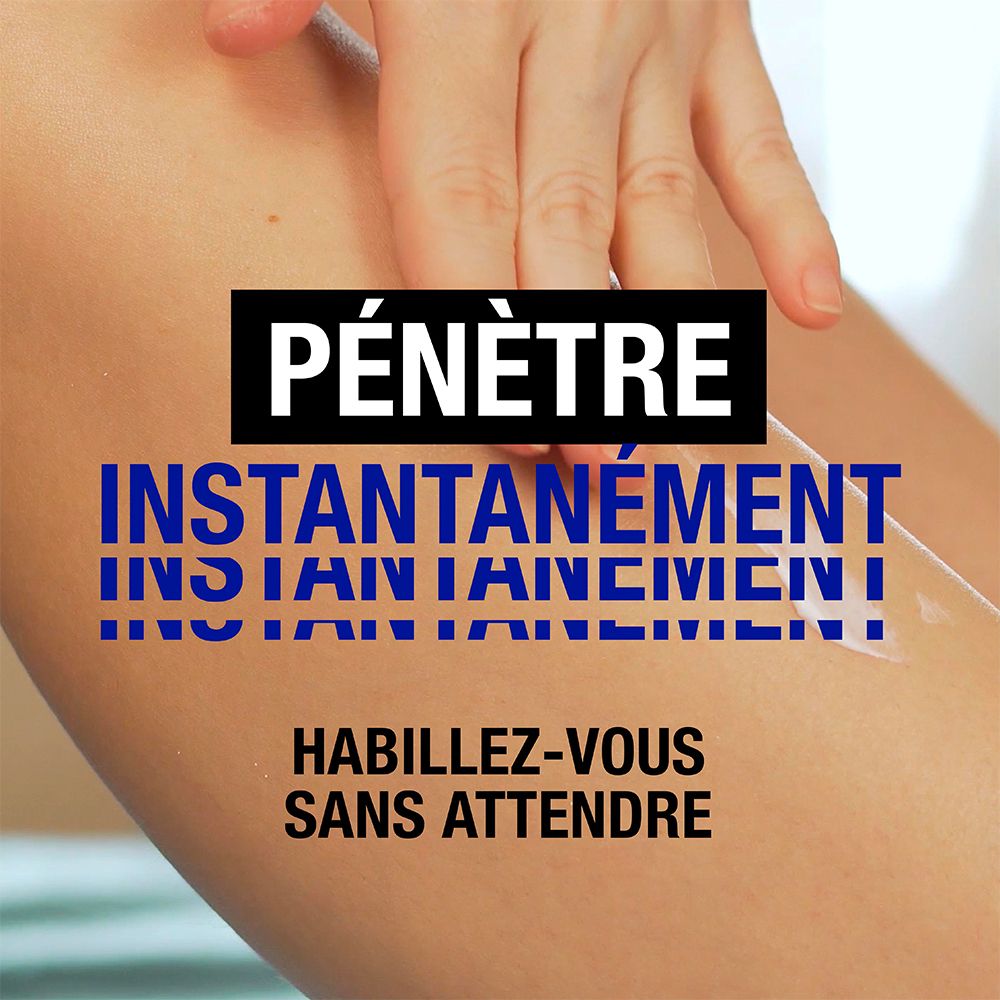 Texte sur fond noir: Pénètre instantanément. Main sur jambe avec crème.
