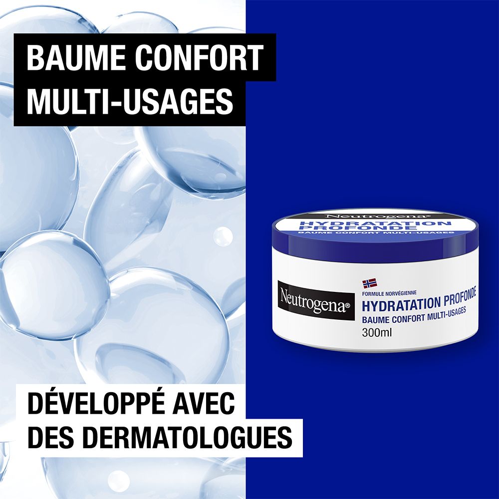 Neutrogena® Baume Confort Multi-Usages. Produit sur fond bleu. Texte: Baume Confort Multi-Usages.