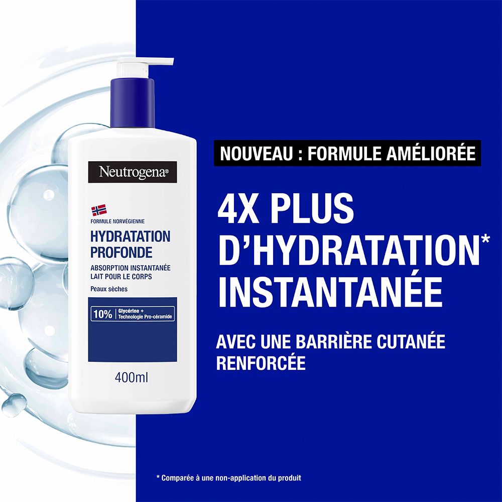 Produit sur fond bleu. Texte: 4X plus d'hydratation instantanée. Neutrogena Hydratation Profonde. 400ml.