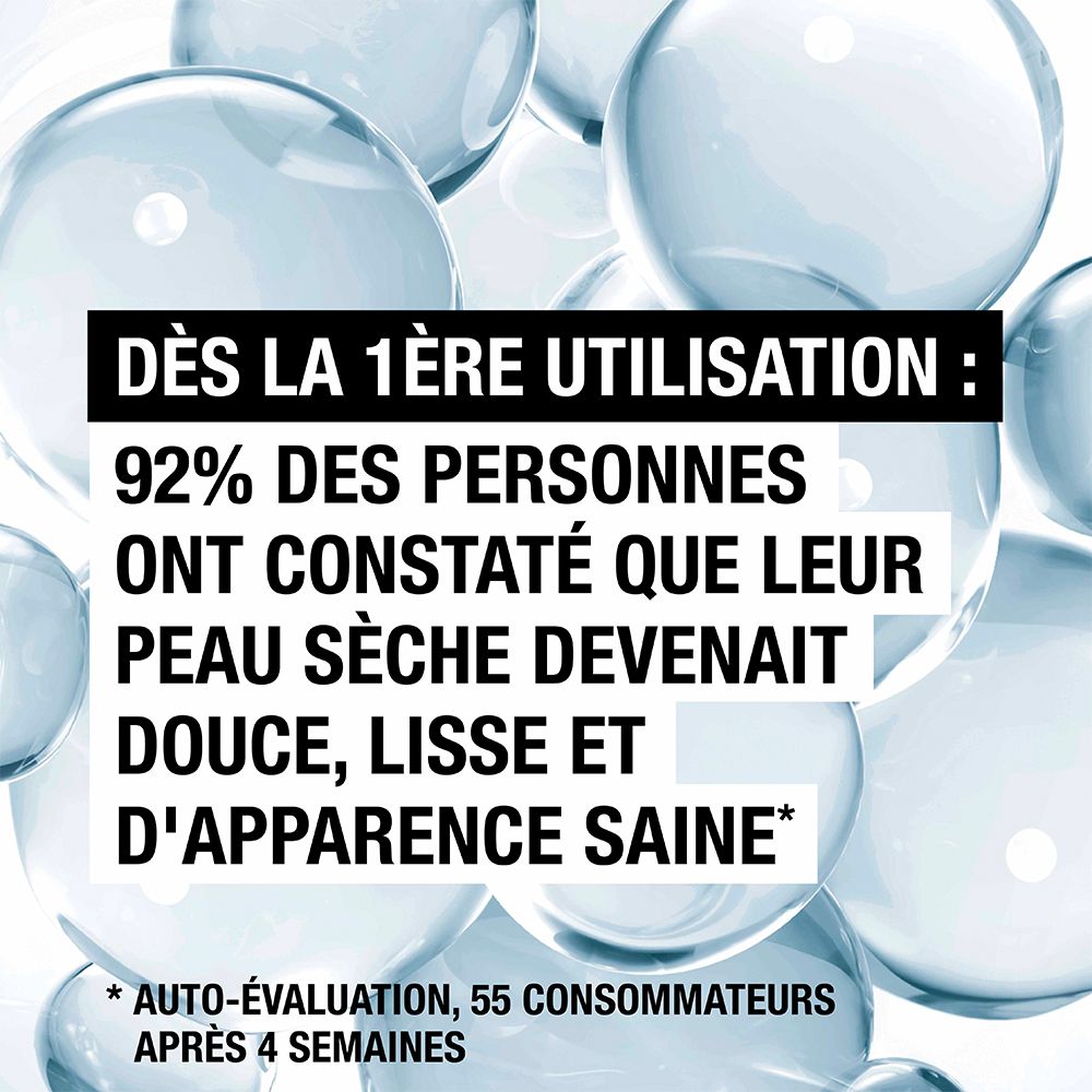 Texte sur fond bleu: 92% des personnes ont constaté que leur peau sèche devenait douce.