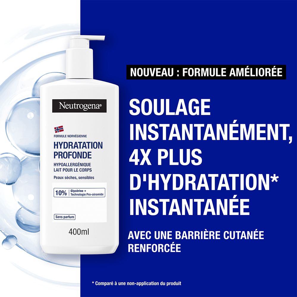 Neutrogena® Hydratation Profonde. Flacon blanc. Texte: 4x plus d'hydratation. Fond bleu.