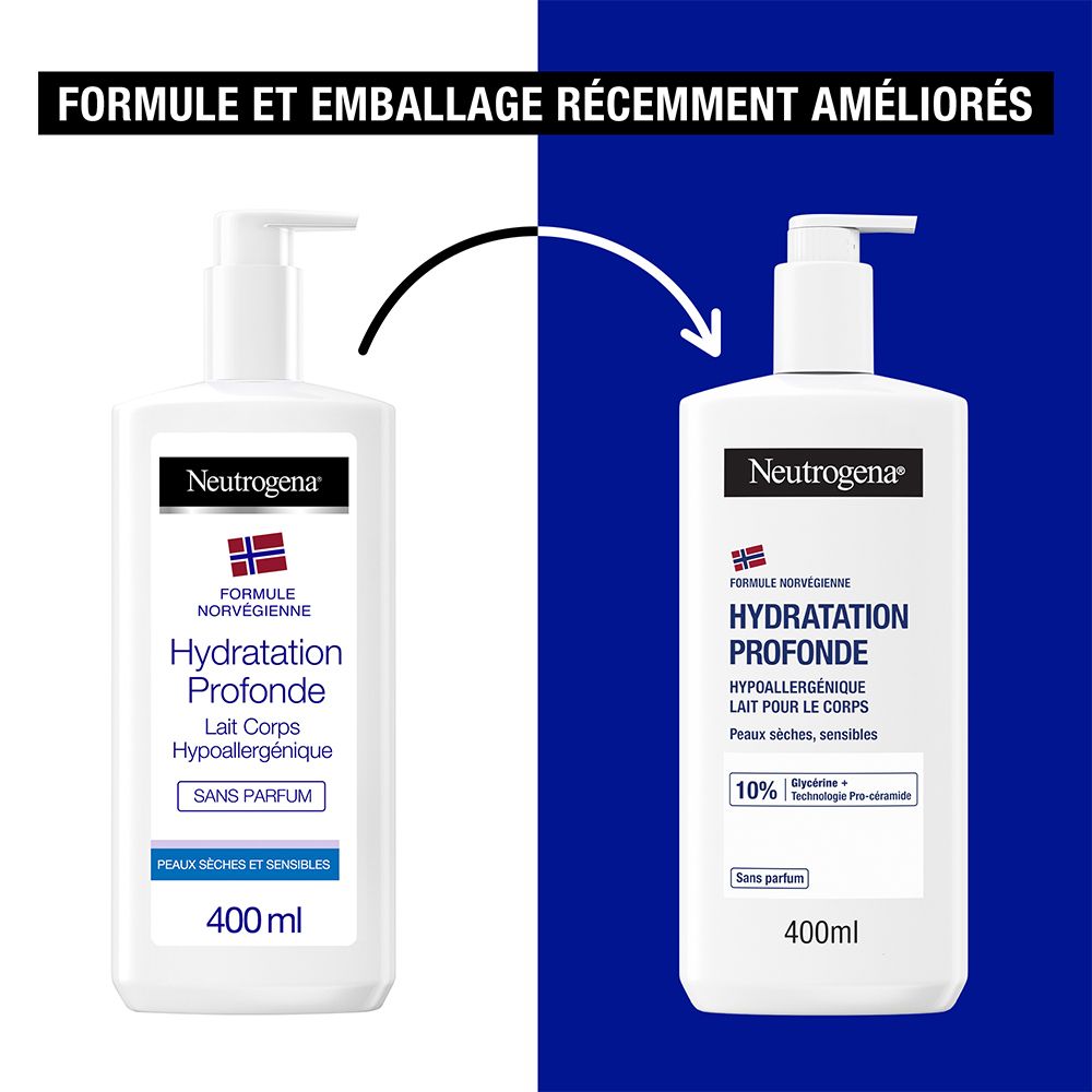 Comparaison: Ancien et nouvel emballage. Flacons blancs avec logo et texte Neutrogena®.