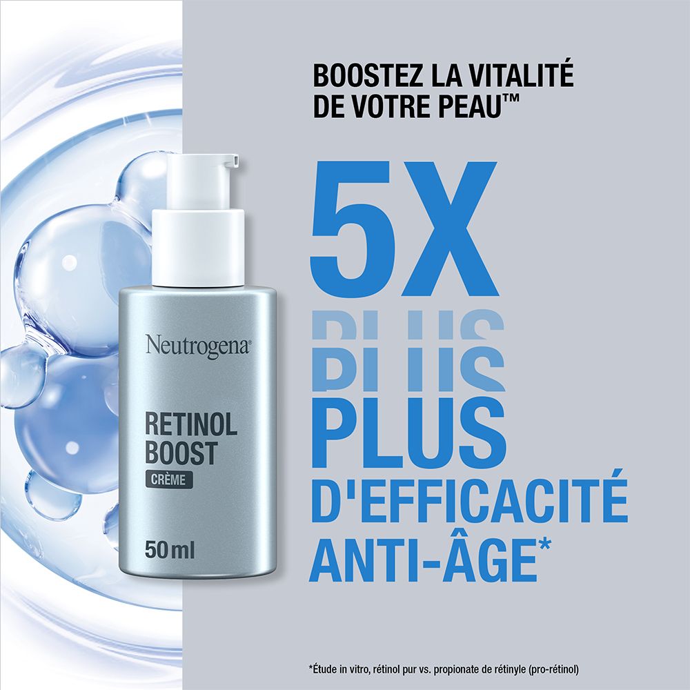 Neutrogena Retinol Boost Crème, 50ml Flasche. Text mit '5X plus' und 'anti-âge'.