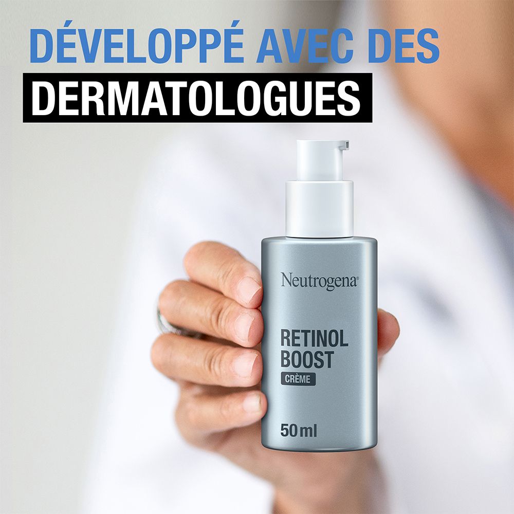 Neutrogena Retinol Boost Crème, 50ml Flasche. Hand hält Flasche. Text: 'Dermatologen'.