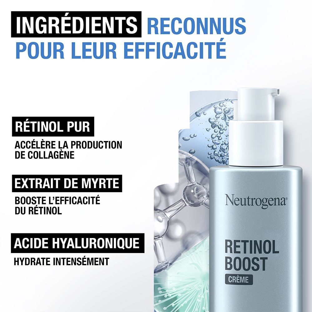 Neutrogena Retinol Boost Crème, 50ml Flasche. Text: 'Inhaltsstoffe' und Inhaltsstoffe.